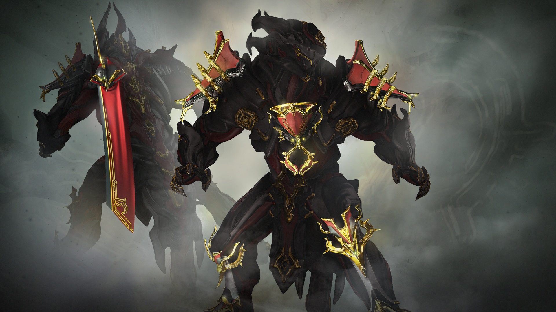 Warframe characters with red and gold armor HD Wallpaper