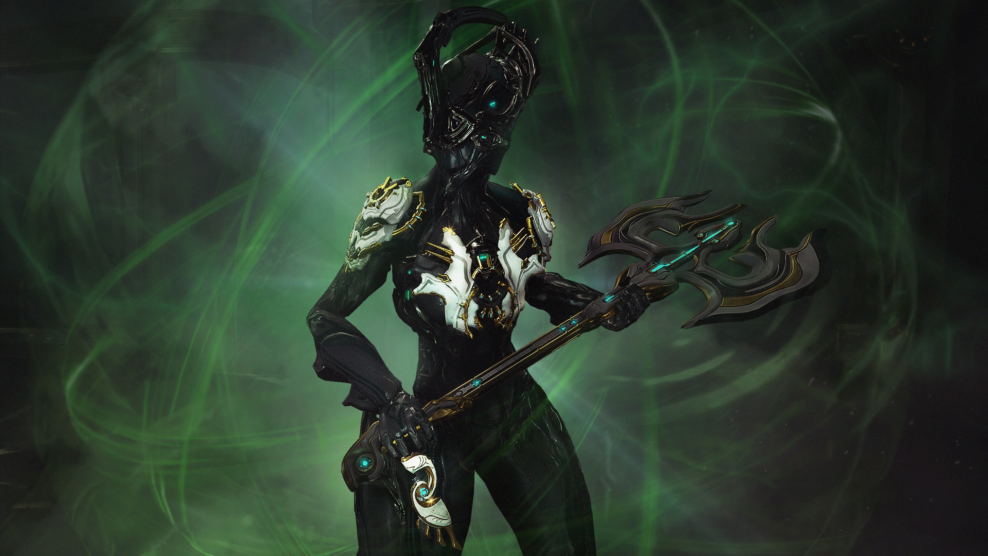 Warframe character holding an axe with green energy HD Wallpaper