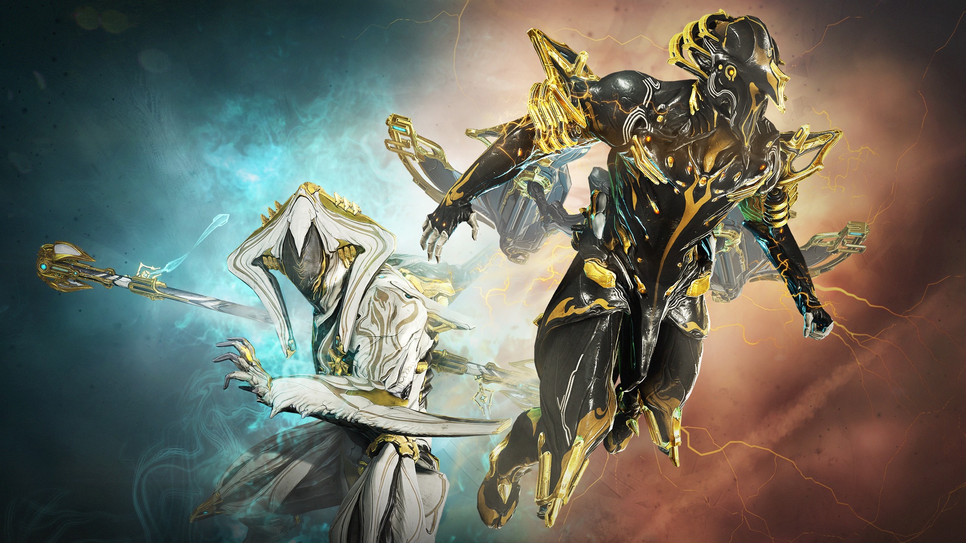 Two Warframe characters with contrasting elemental effects HD Wallpaper