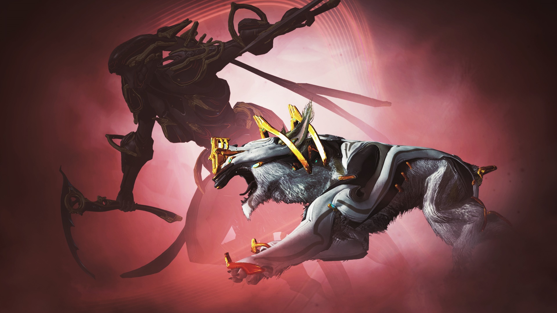 Warframe character and companion in red mist HD Wallpaper