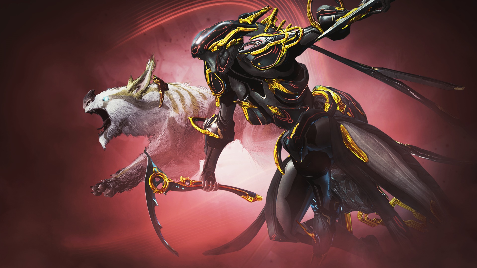 Warframe character with a creature and weapon HD Wallpaper
