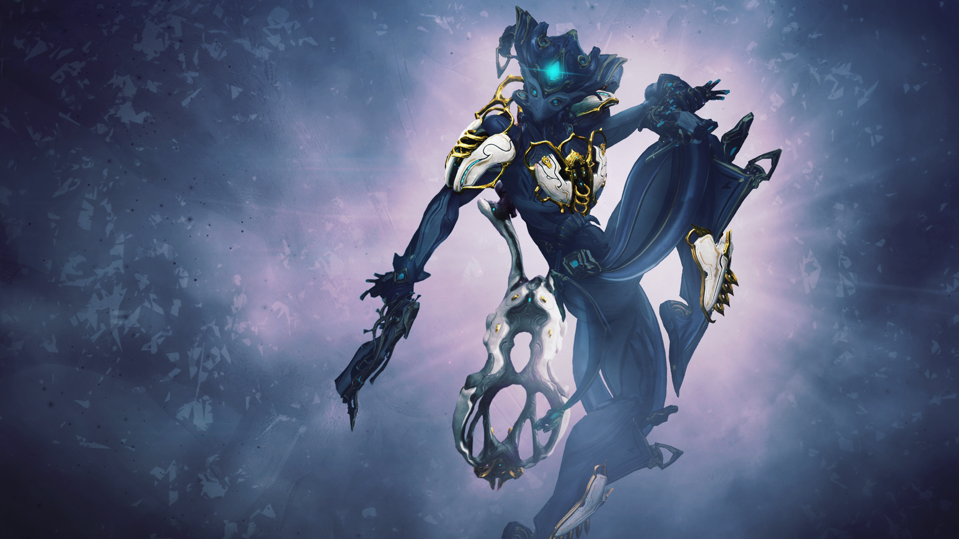 Warframe character with glowing blue eyes and ornate armor HD Wallpaper