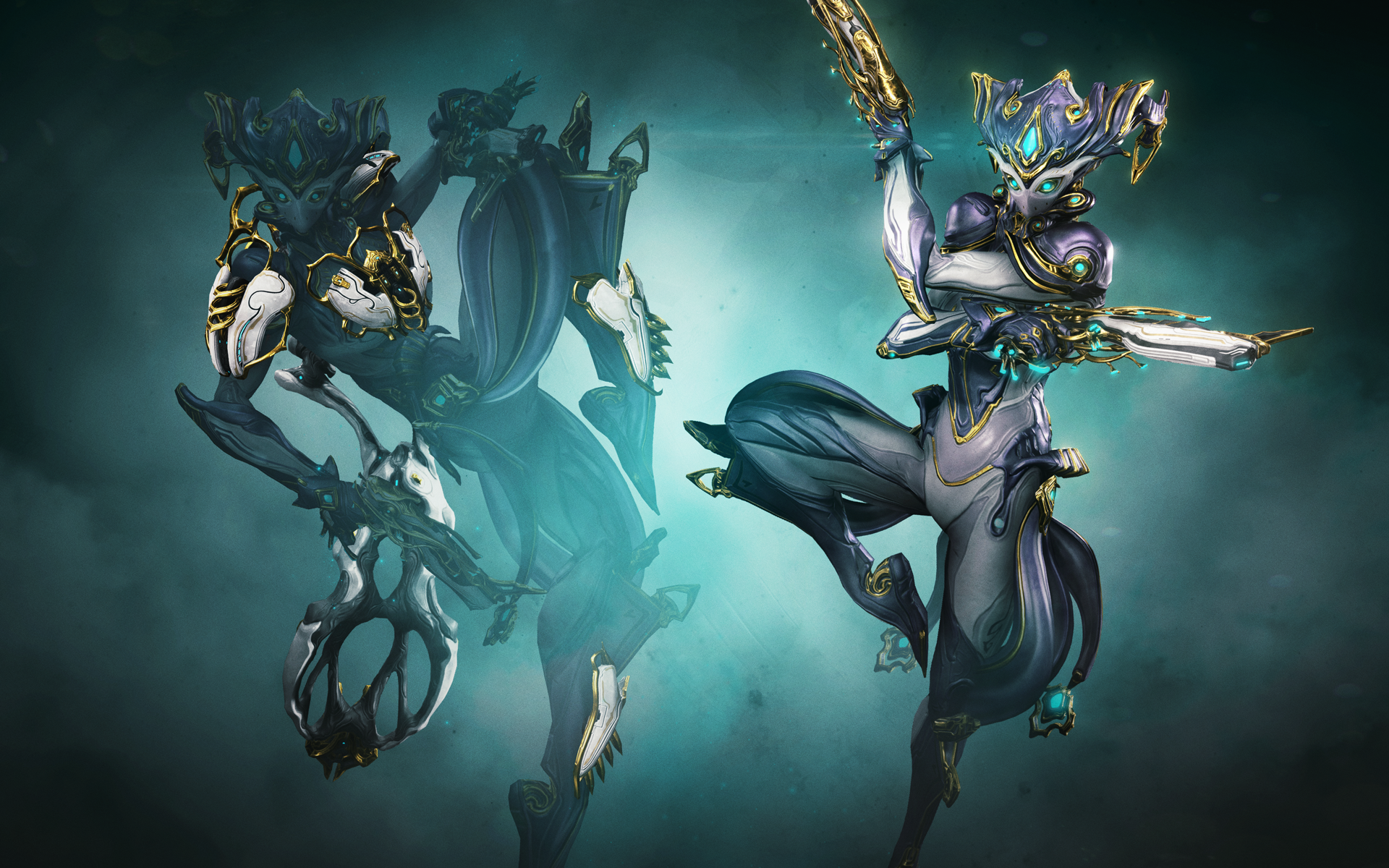Two Warframe characters with weapons HD Wallpaper