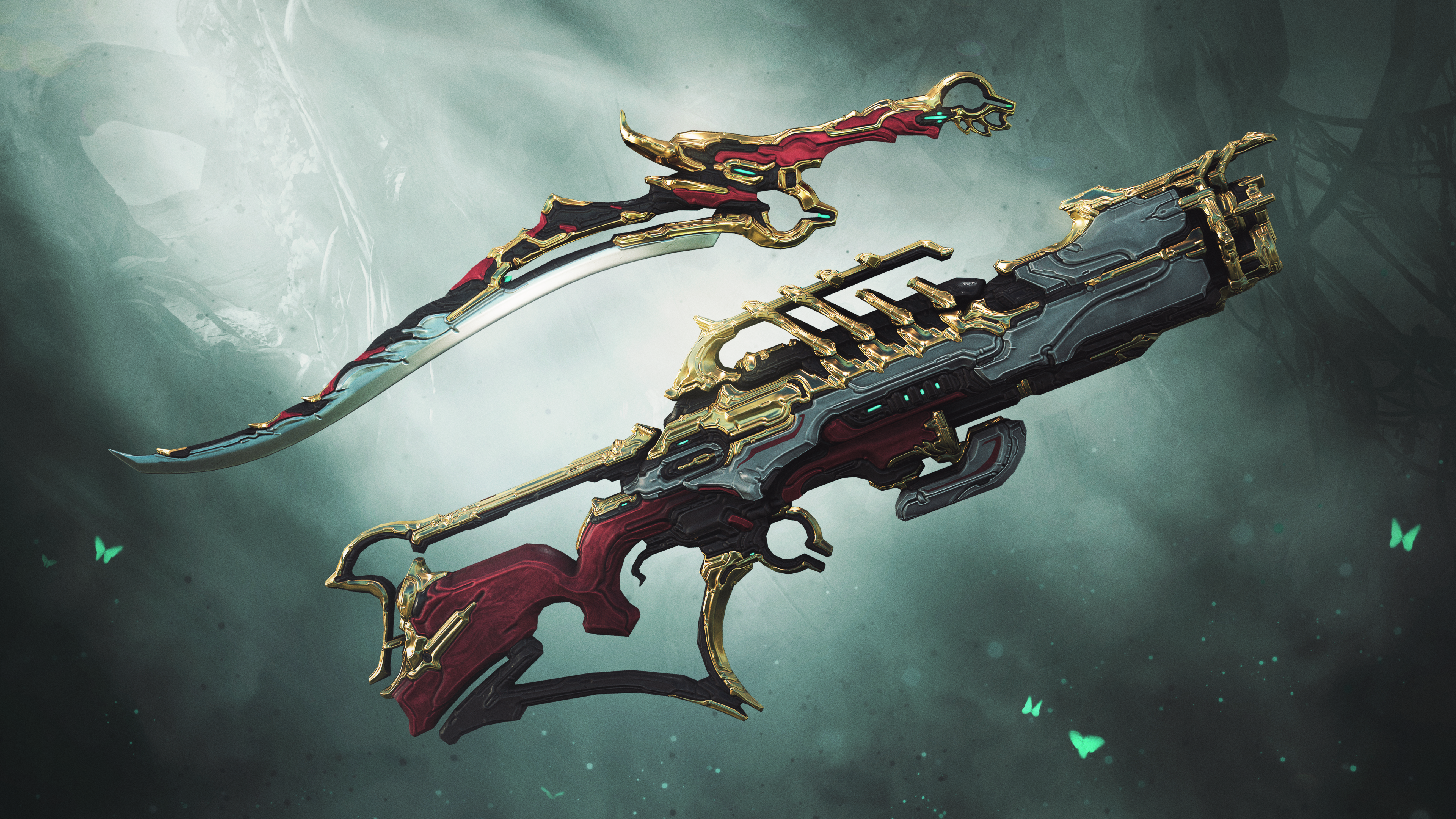 Warframe weapons with red and gold accents HD Wallpaper