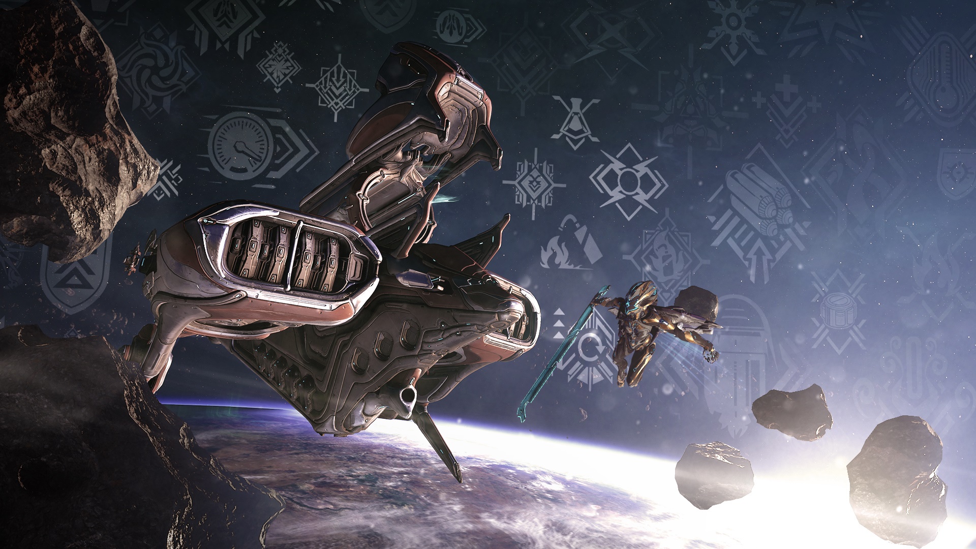 Warframe spaceship and Tenno in orbit HD Wallpaper
