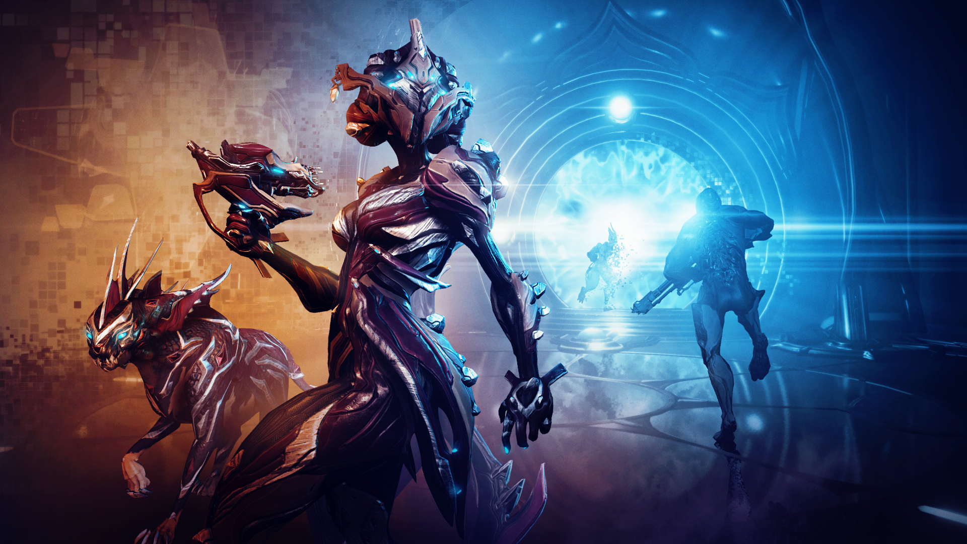 Warframe characters in a futuristic portal HD Wallpaper