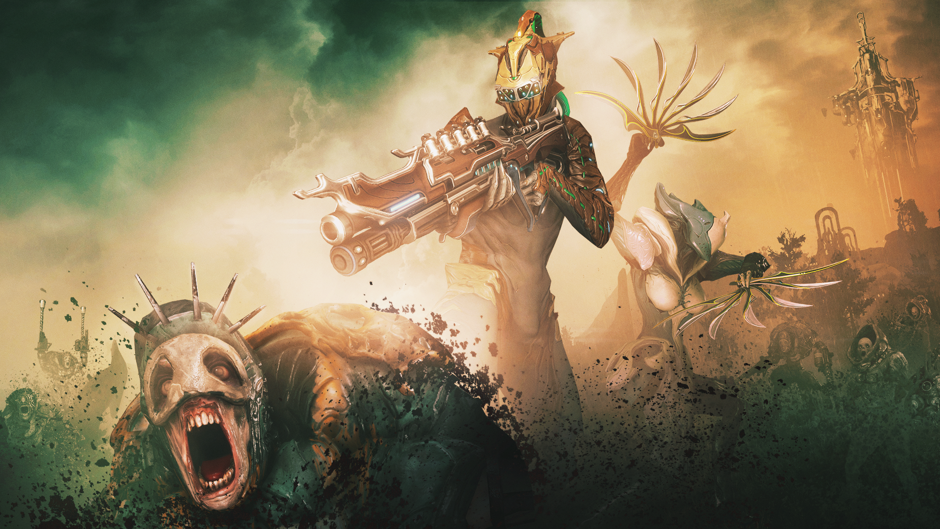 Warframe characters with weapons and monstrous figures HD Wallpaper