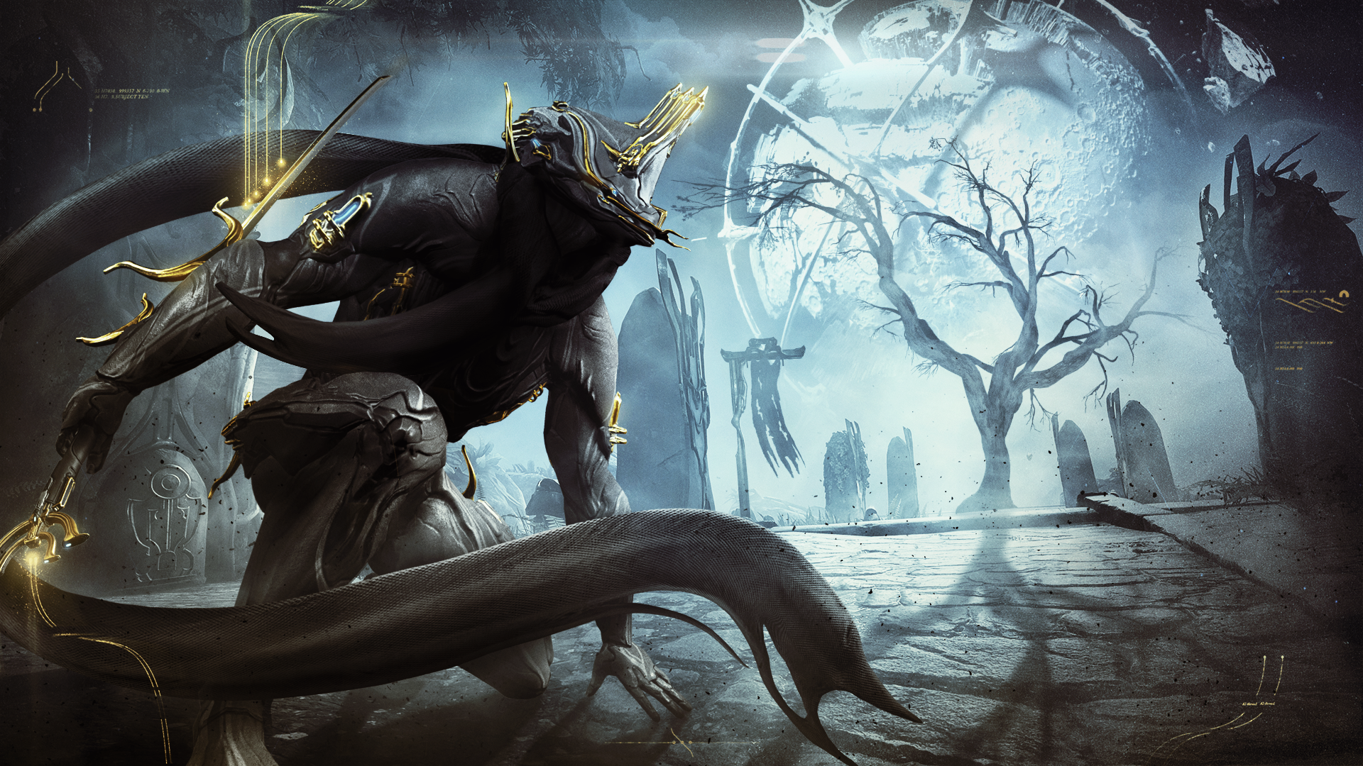 Warframe character with golden accents in a desolate landscape HD Wallpaper