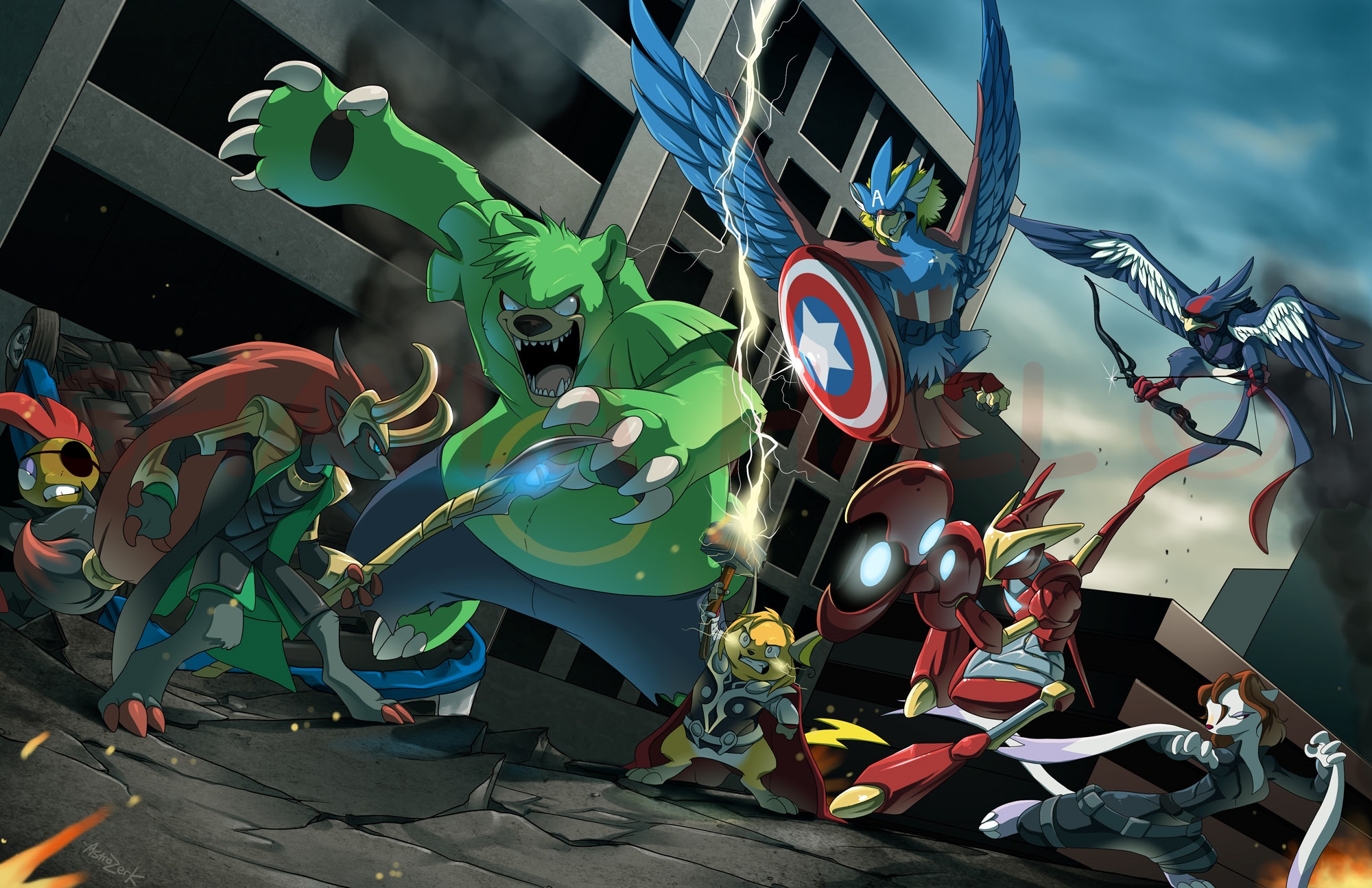 Pokemon Avengers fighting in a destroyed city HD Wallpaper