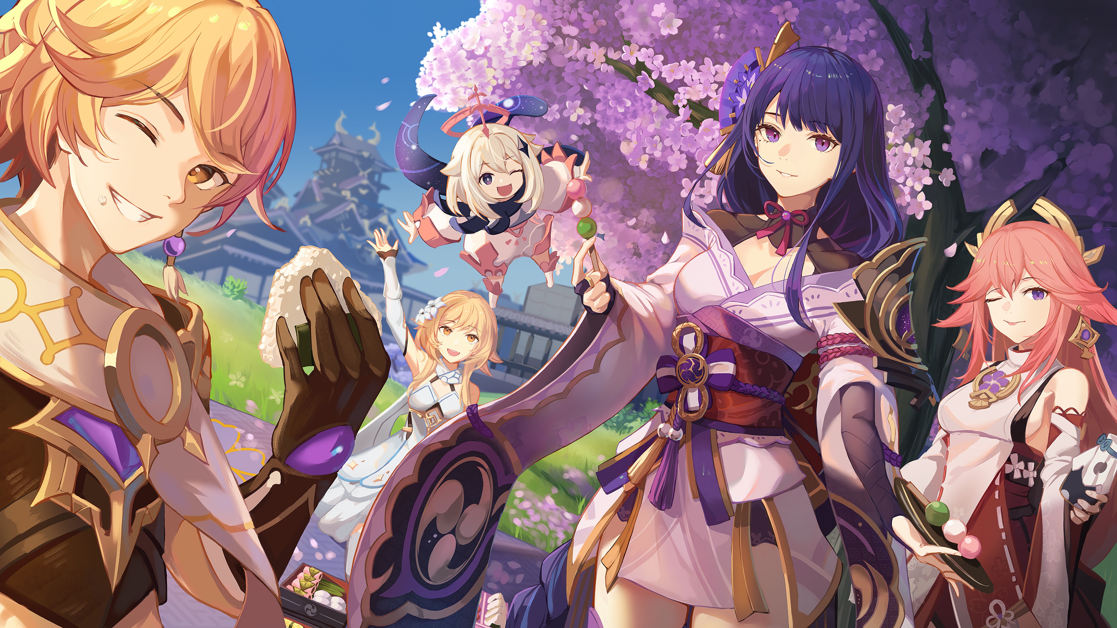 Aether, Lumine, Paimon, Raiden Shogun, and Yae Miko from Genshin Impact HD Wallpaper