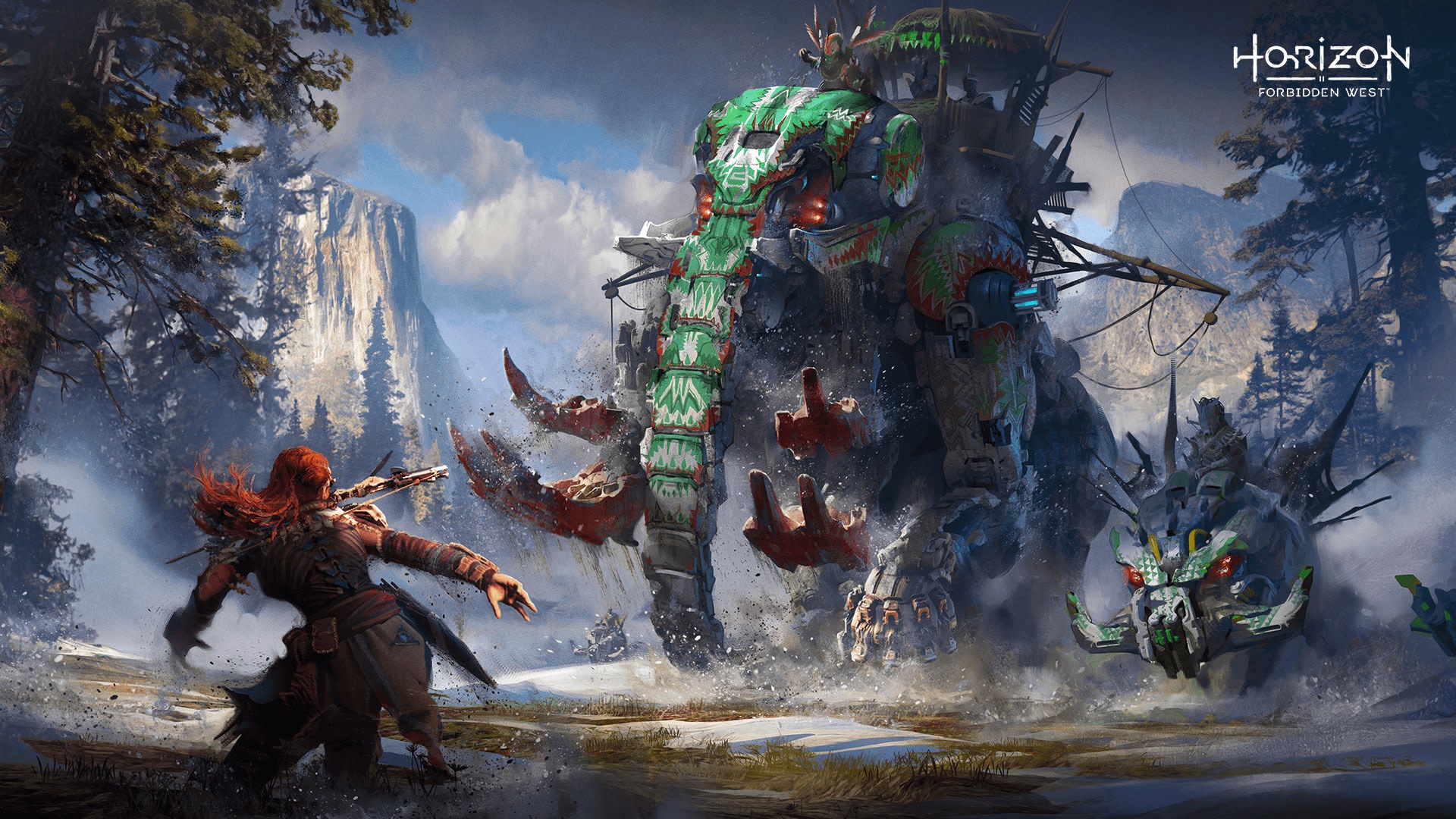 Aloy from Horizon Forbidden West fighting a large machine HD Wallpaper