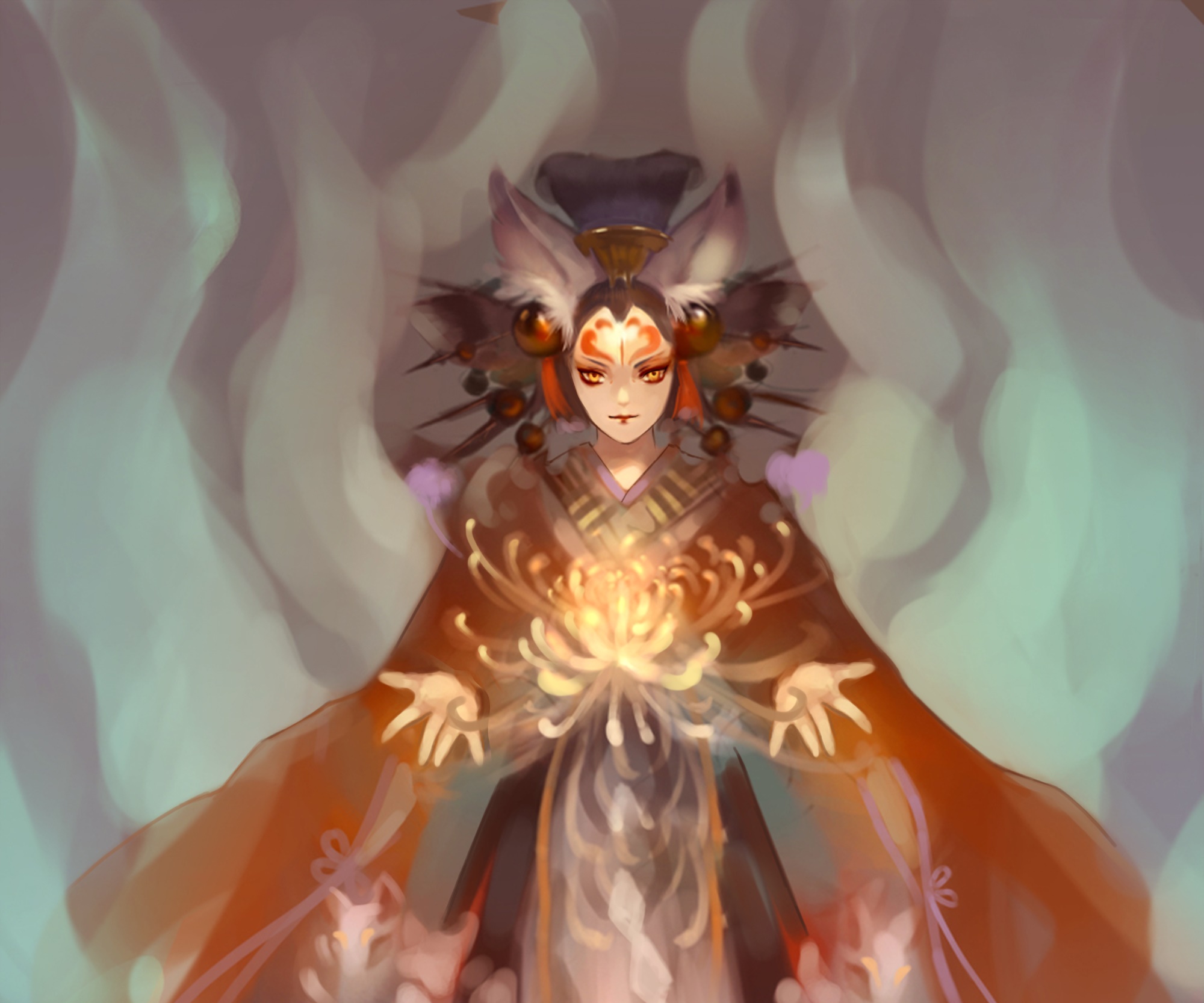 Onmyoji character with fox ears and glowing flower HD Wallpaper