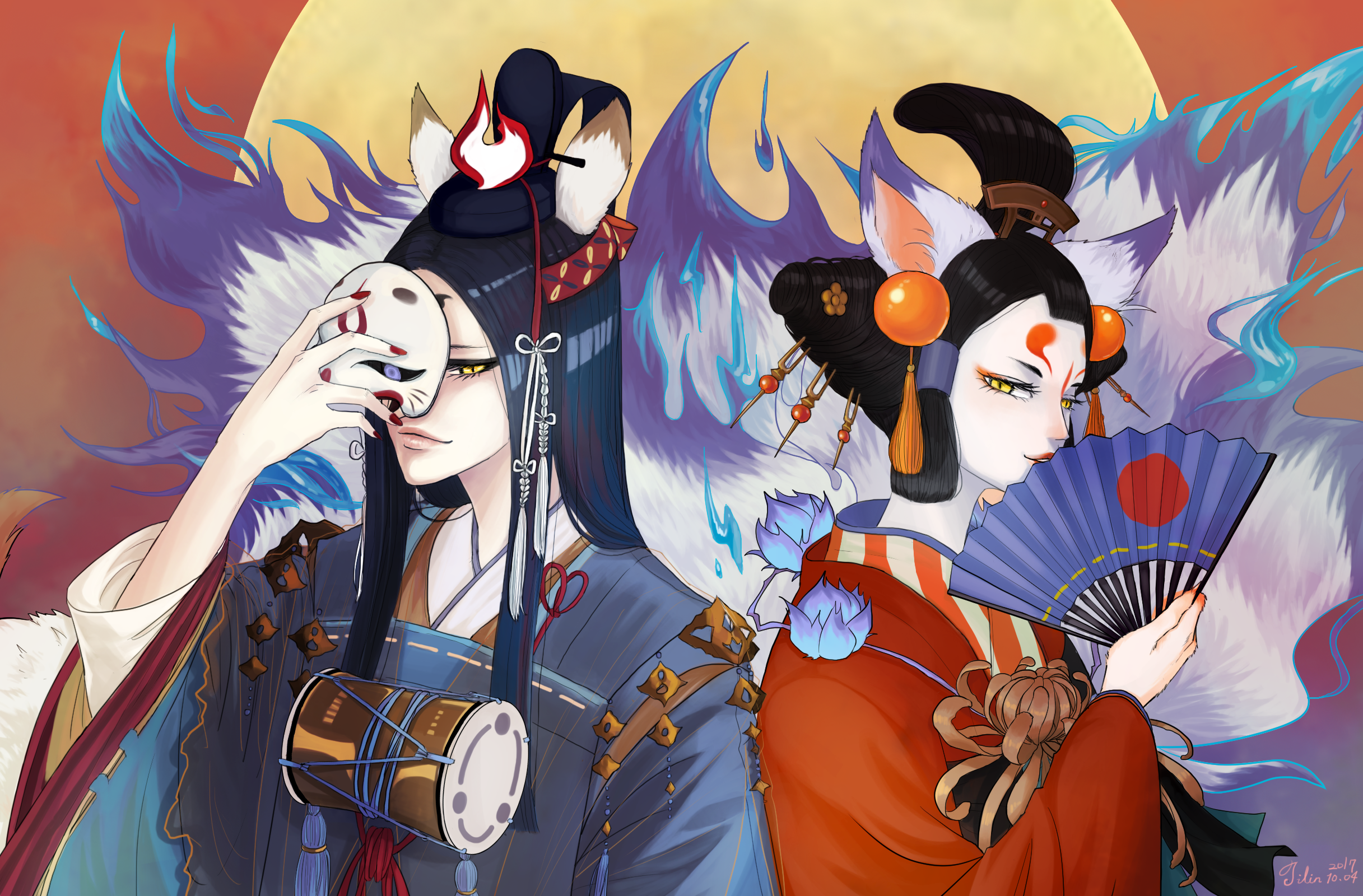 Two Onmyoji characters with fox ears and tails HD Wallpaper