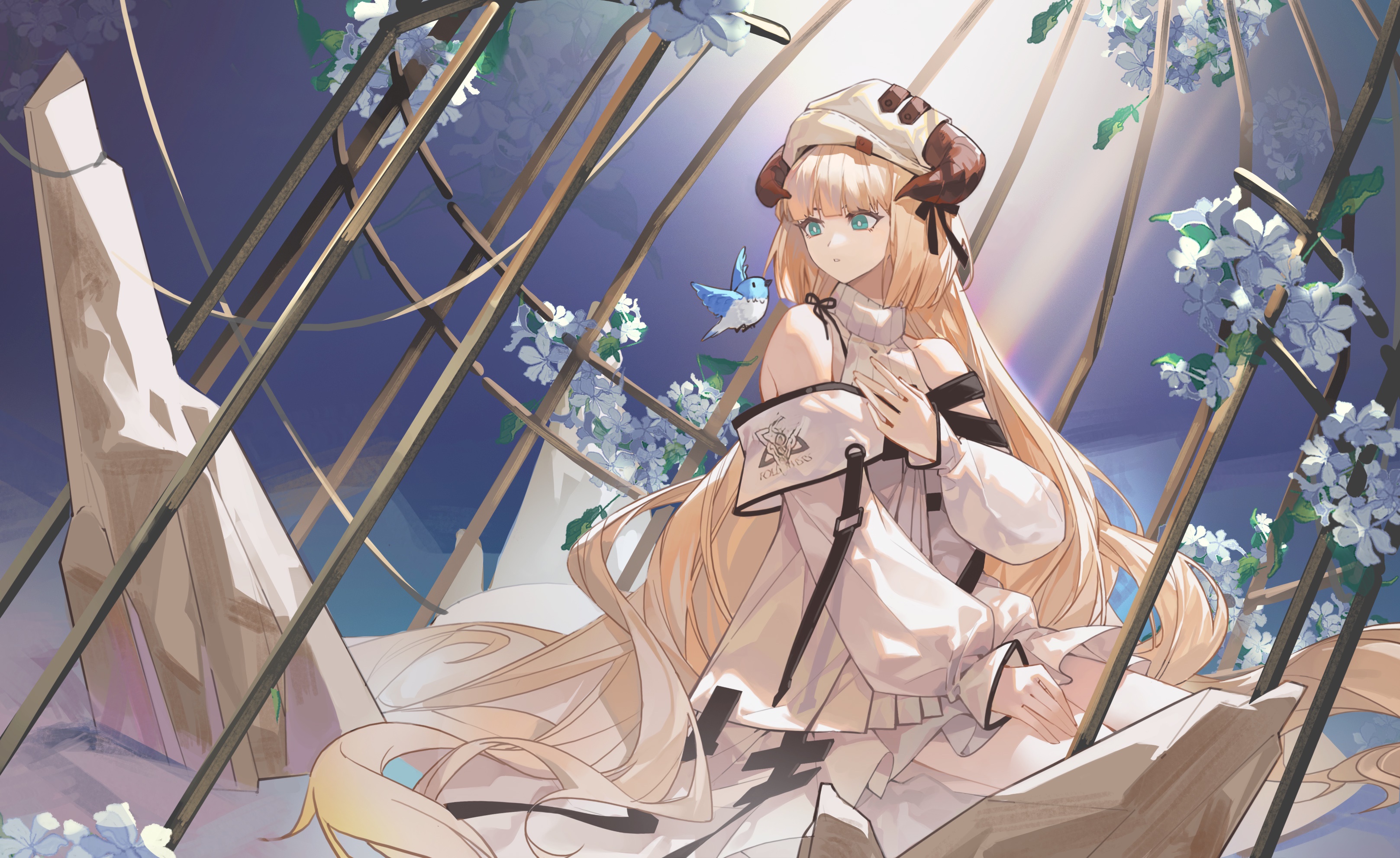 Nightingale from Arknights with a bird HD Wallpaper