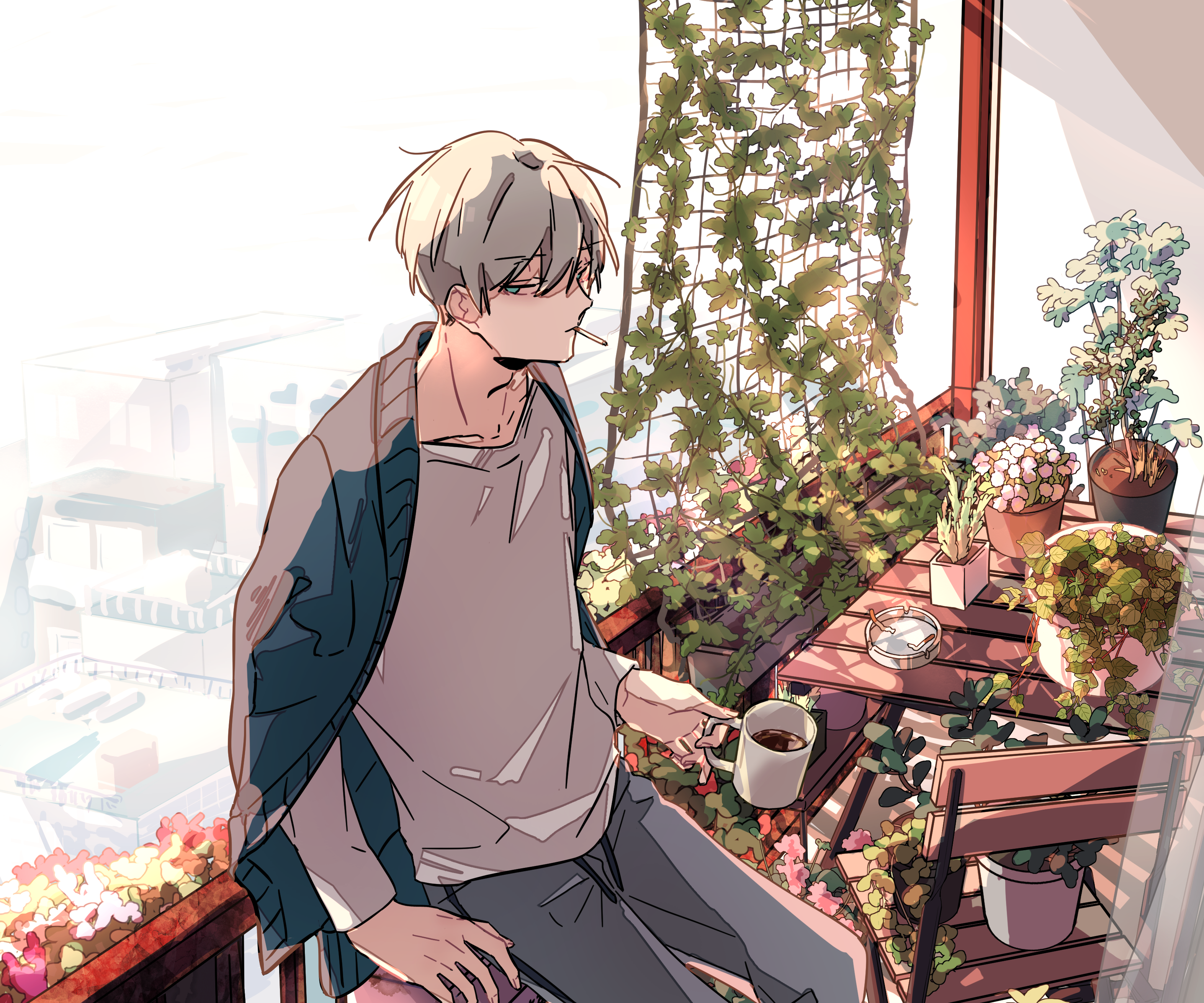 Boy smoking on a balcony with plants HD Wallpaper