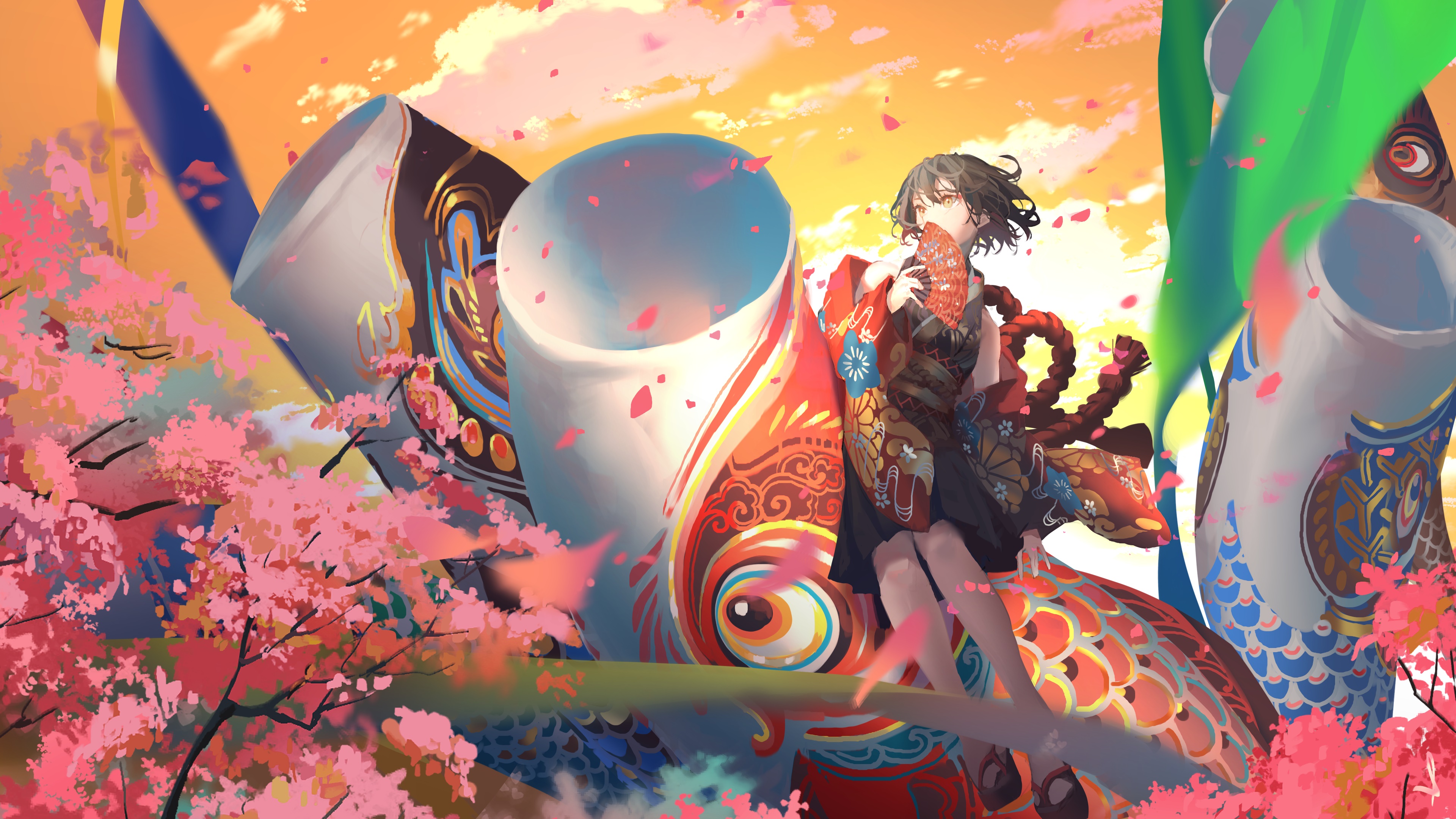 Girl with Koinobori and Cherry Blossoms 4K HD Wallpaper
