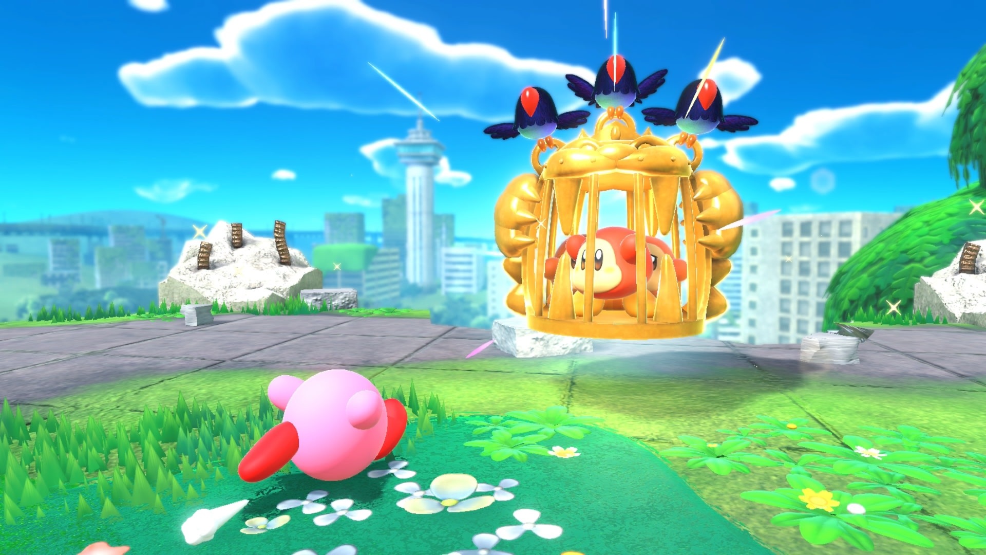 Kirby from Kirby and the Forgotten Land in a cage HD Wallpaper