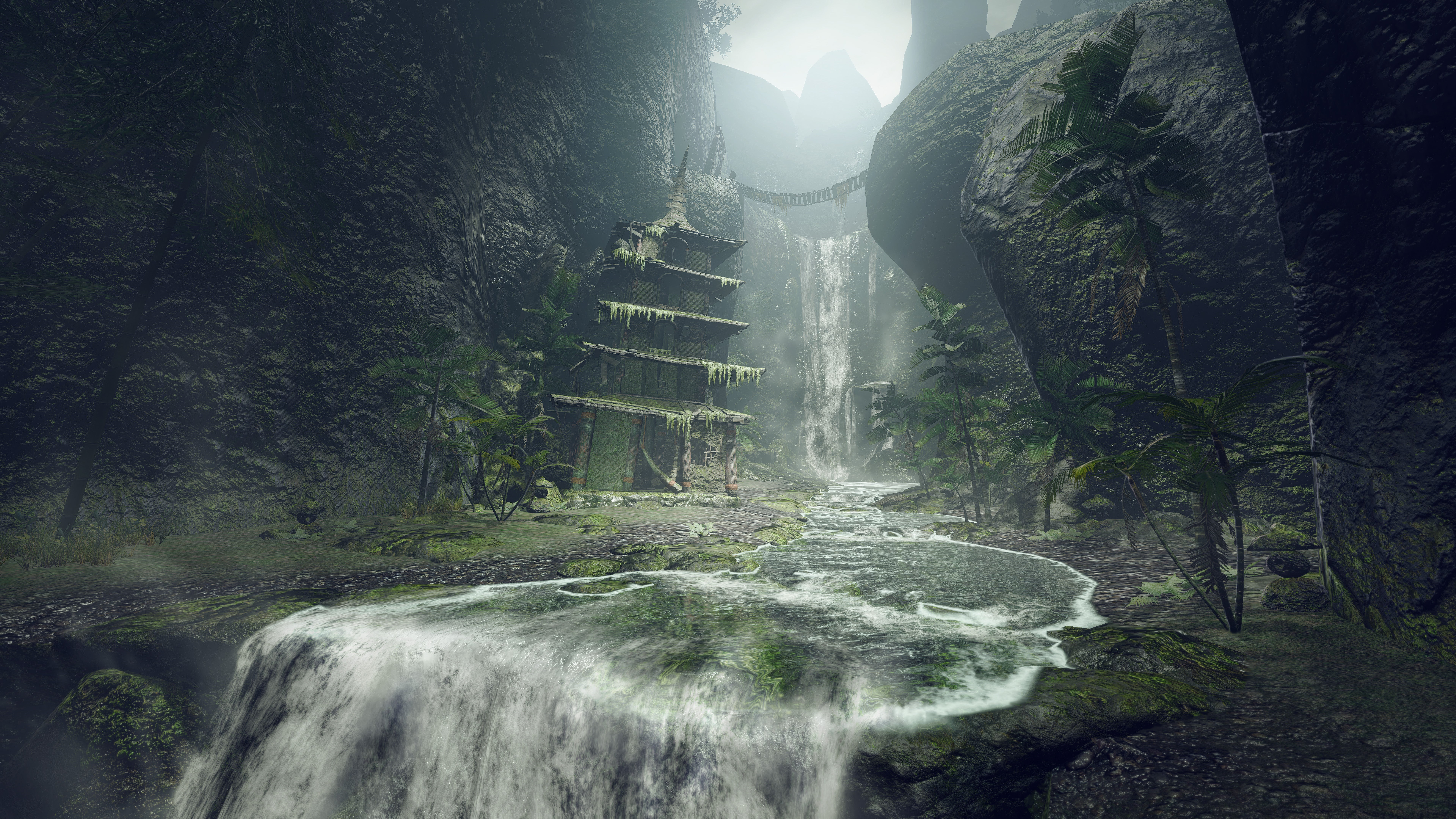 Ancient temple ruins by a waterfall in a jungle HD Wallpaper