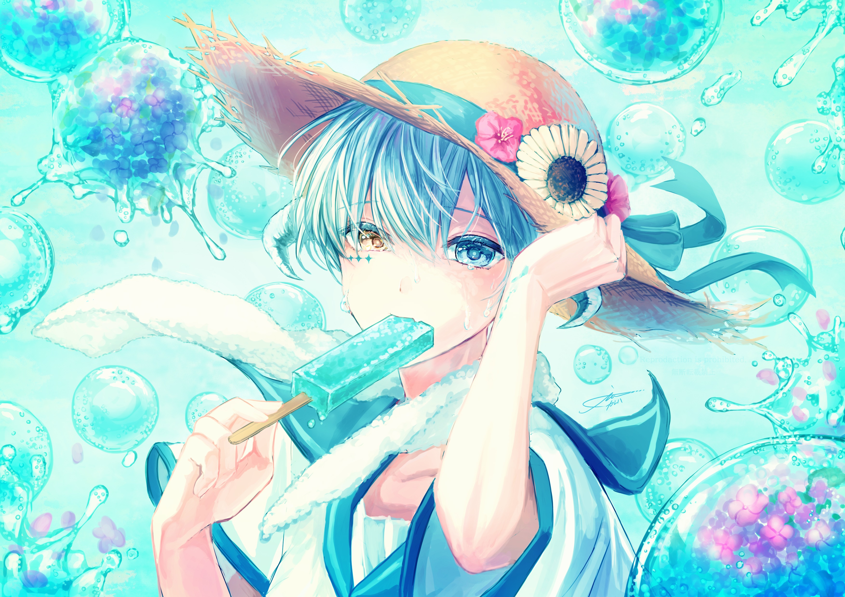 Anime boy with heterochromia eating popsicle HD Wallpaper