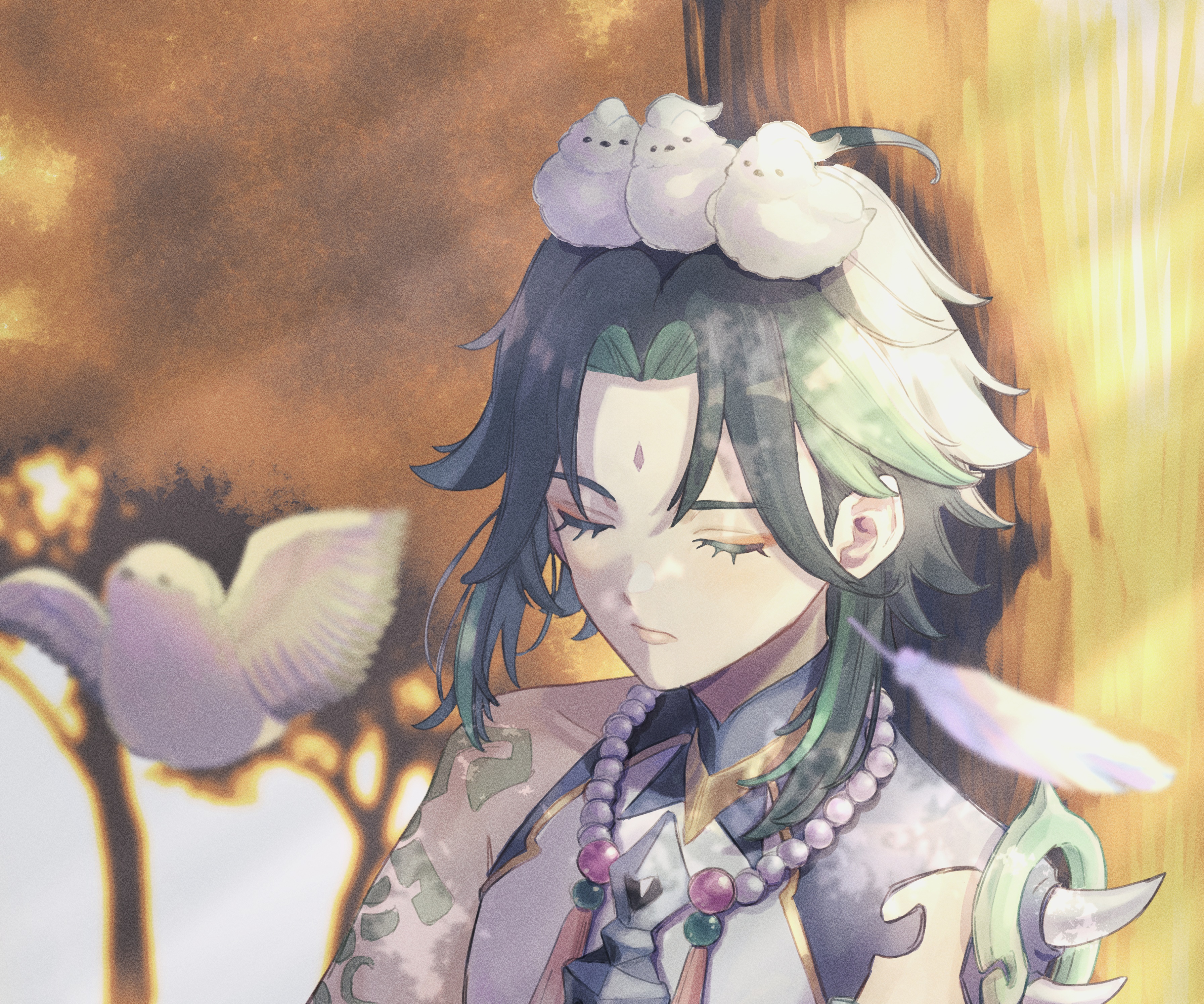 Xiao from Genshin Impact with birds on his head HD Wallpaper