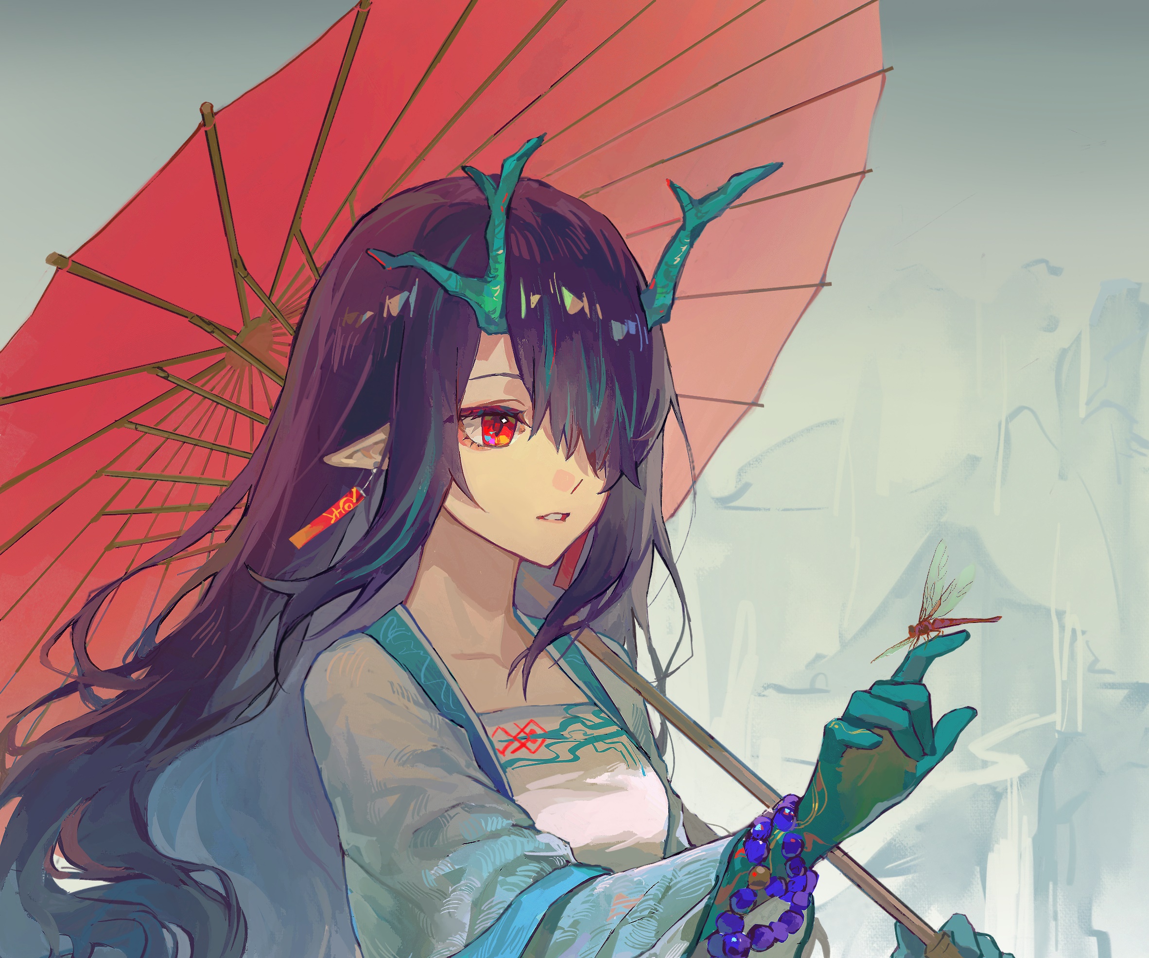 Dusk from Arknights with a parasol and a dragonfly HD Wallpaper