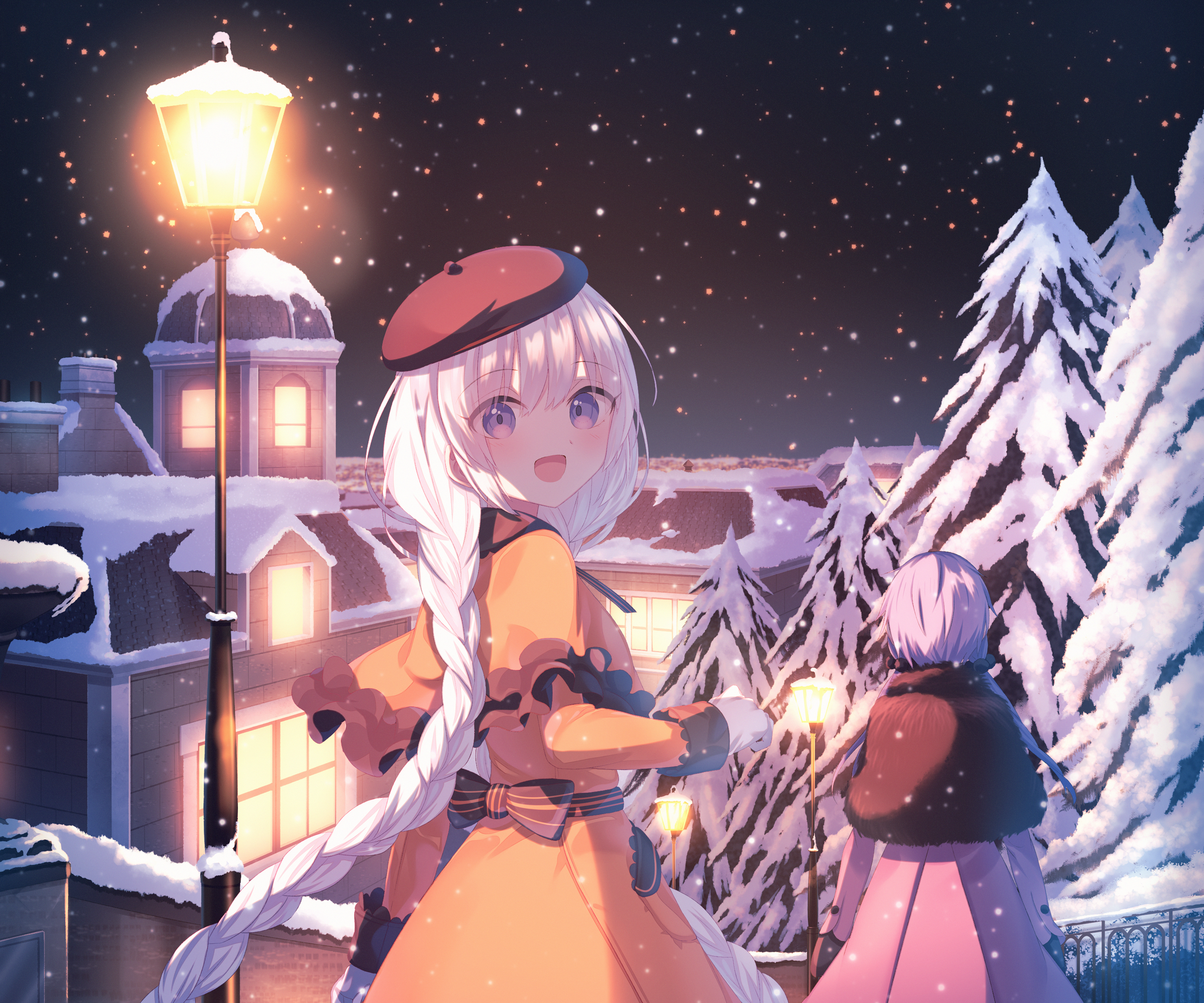 Anime girls in winter city at night HD Wallpaper