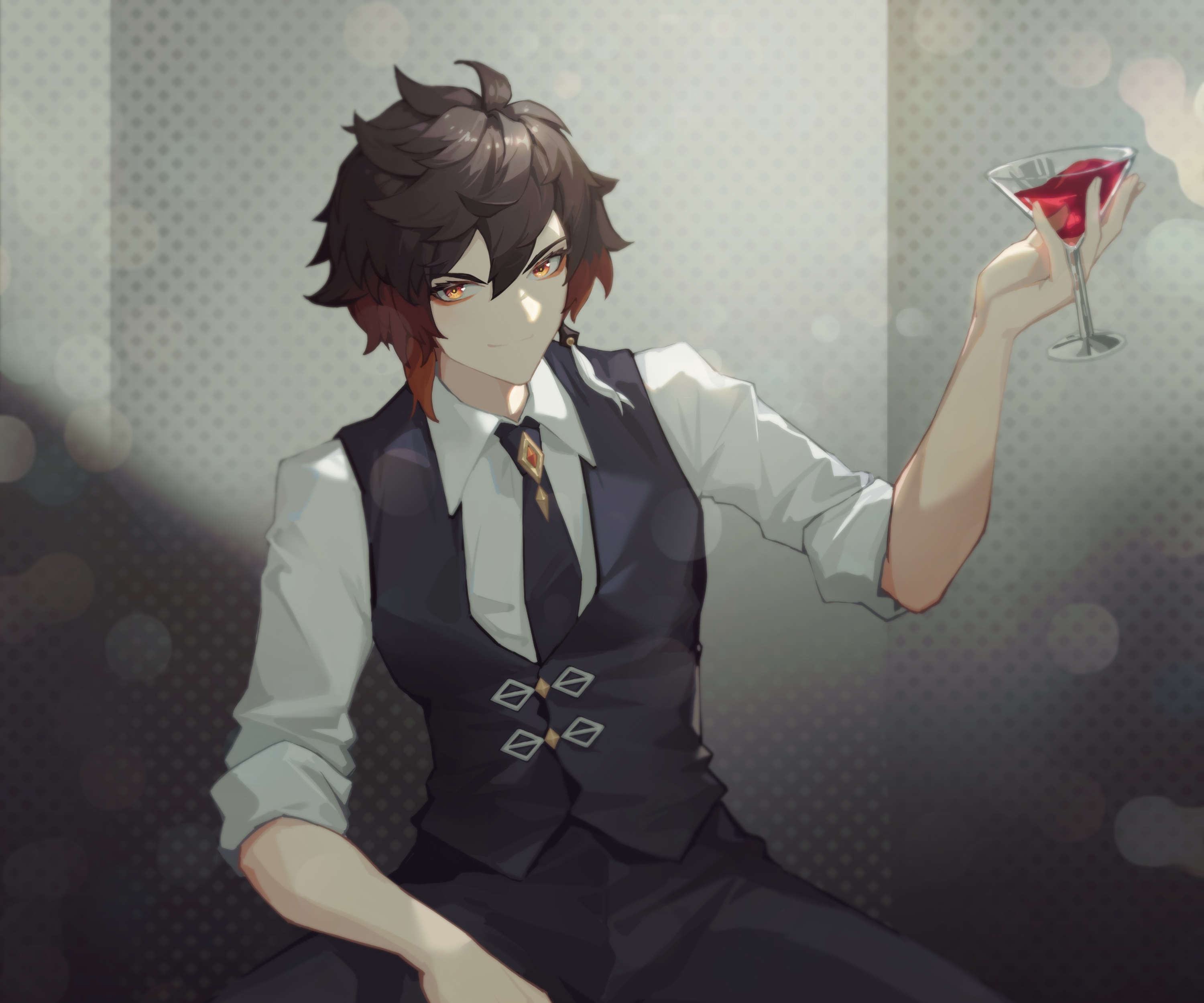 Zhongli from Genshin Impact with a drink HD Wallpaper