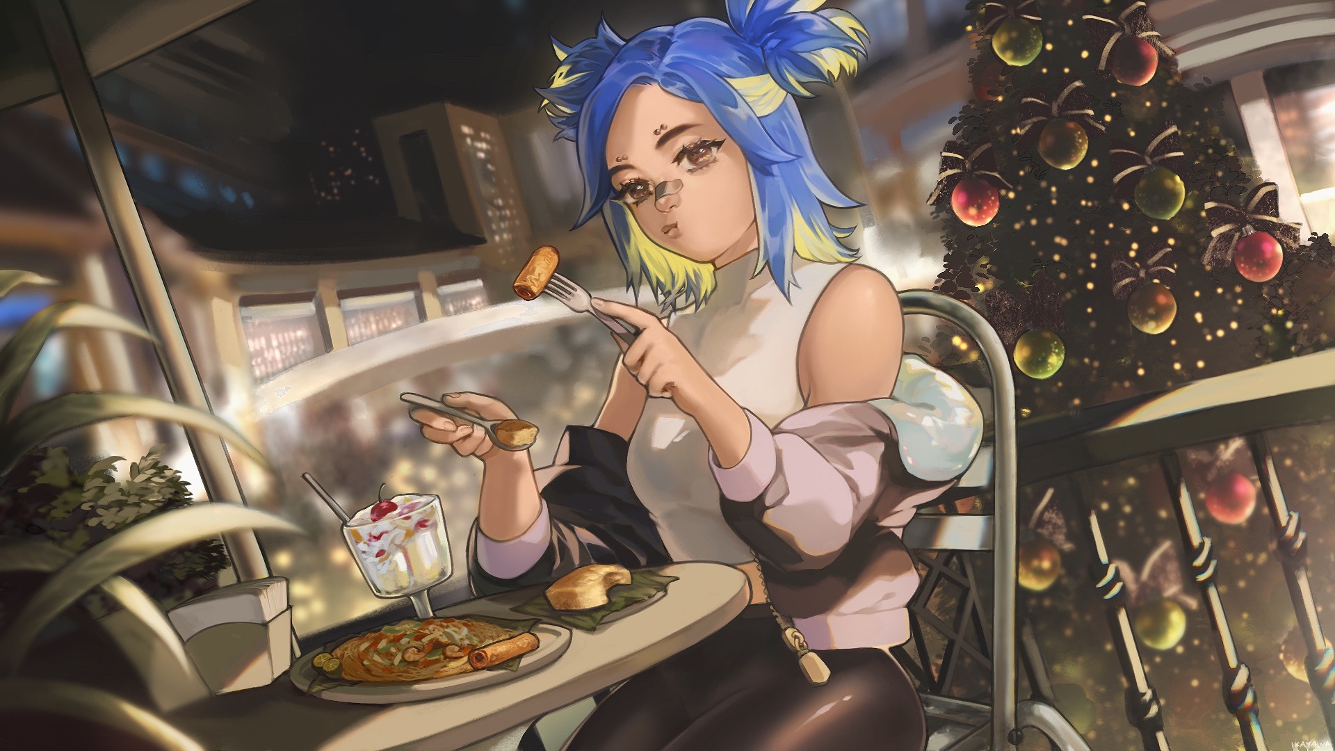 Neon from Valorant eating at a cafe with a Christmas tree HD Wallpaper