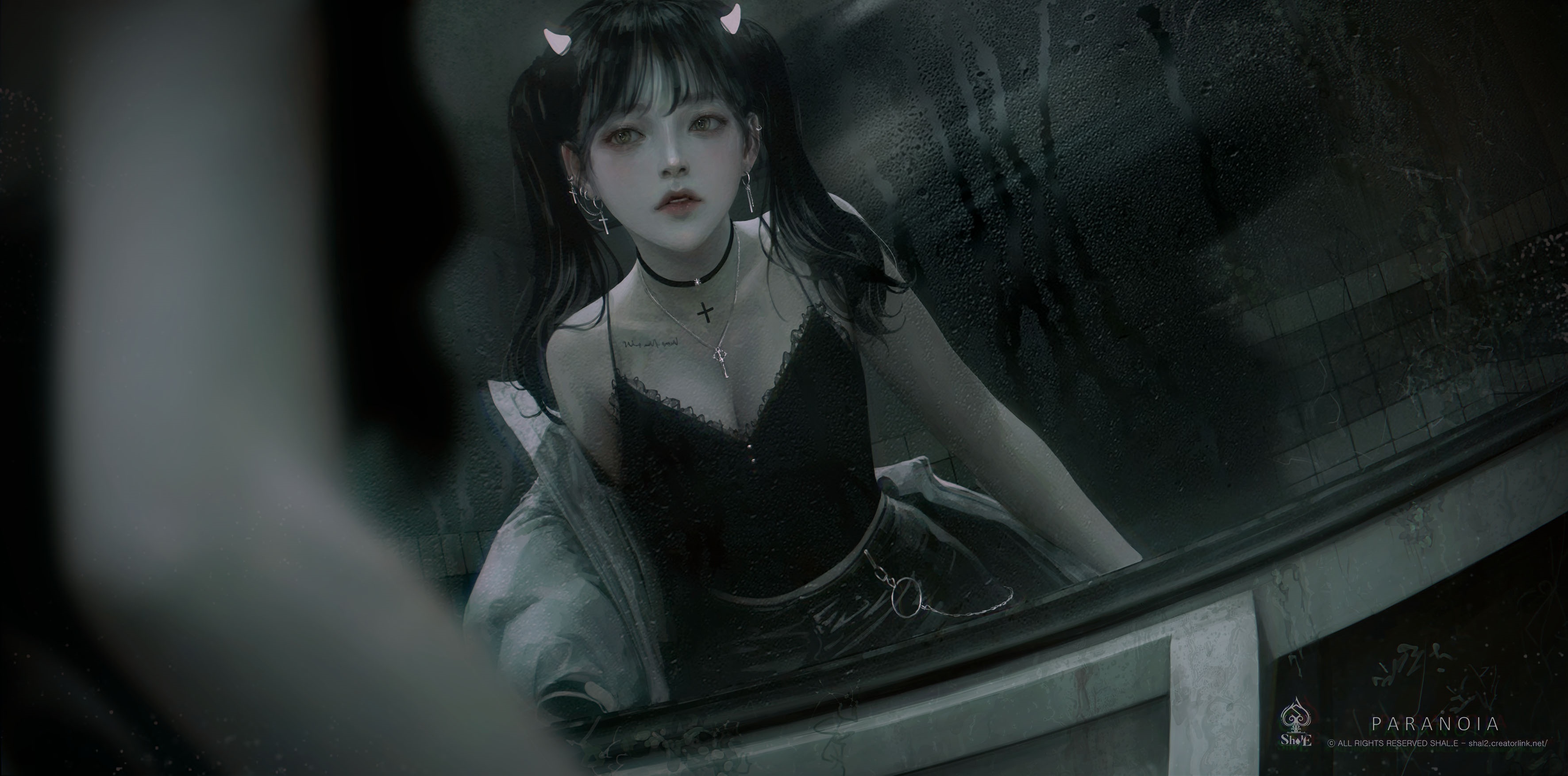 Girl with devil horns and pigtails in black outfit HD Wallpaper
