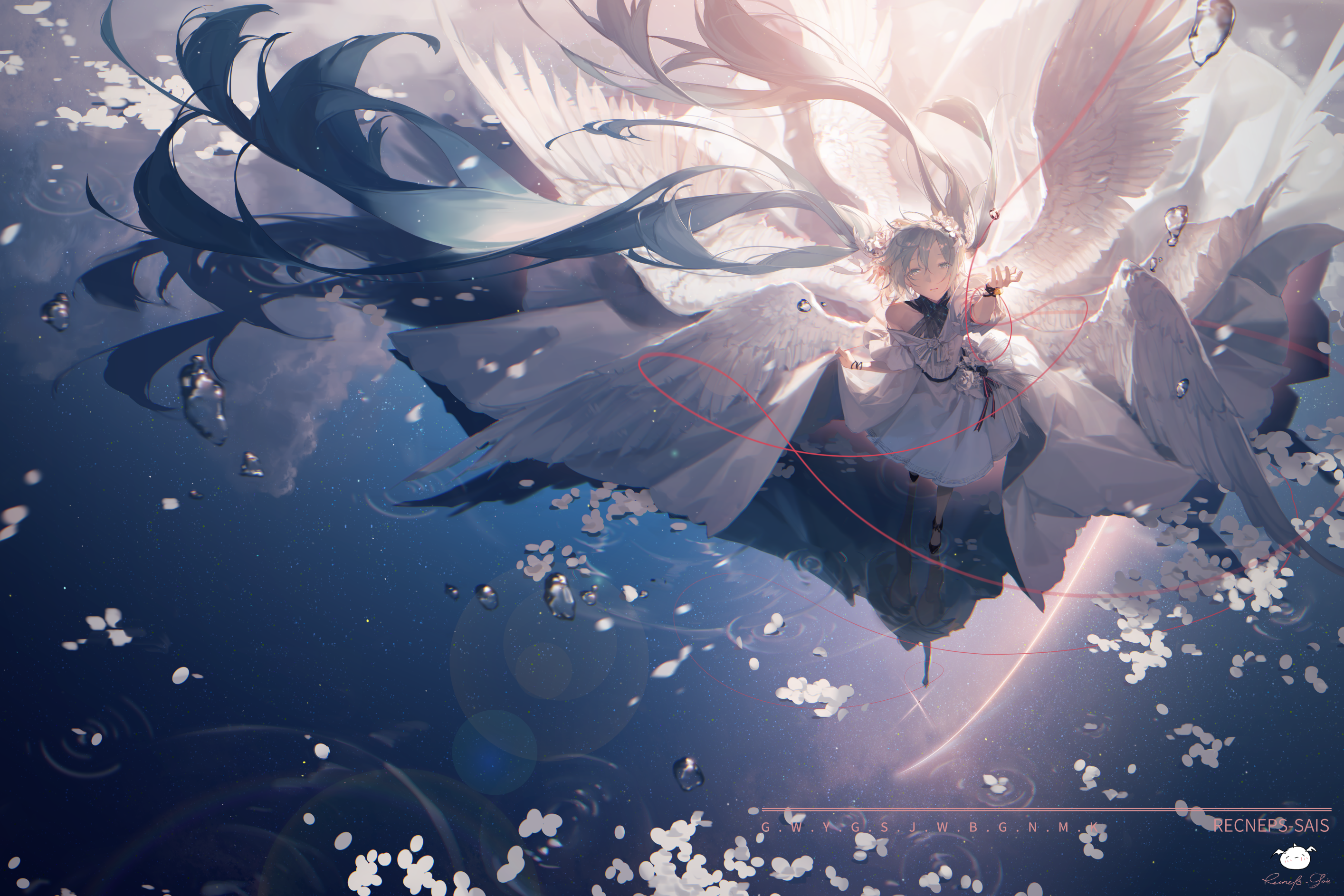 Hatsune Miku with large white wings HD Wallpaper