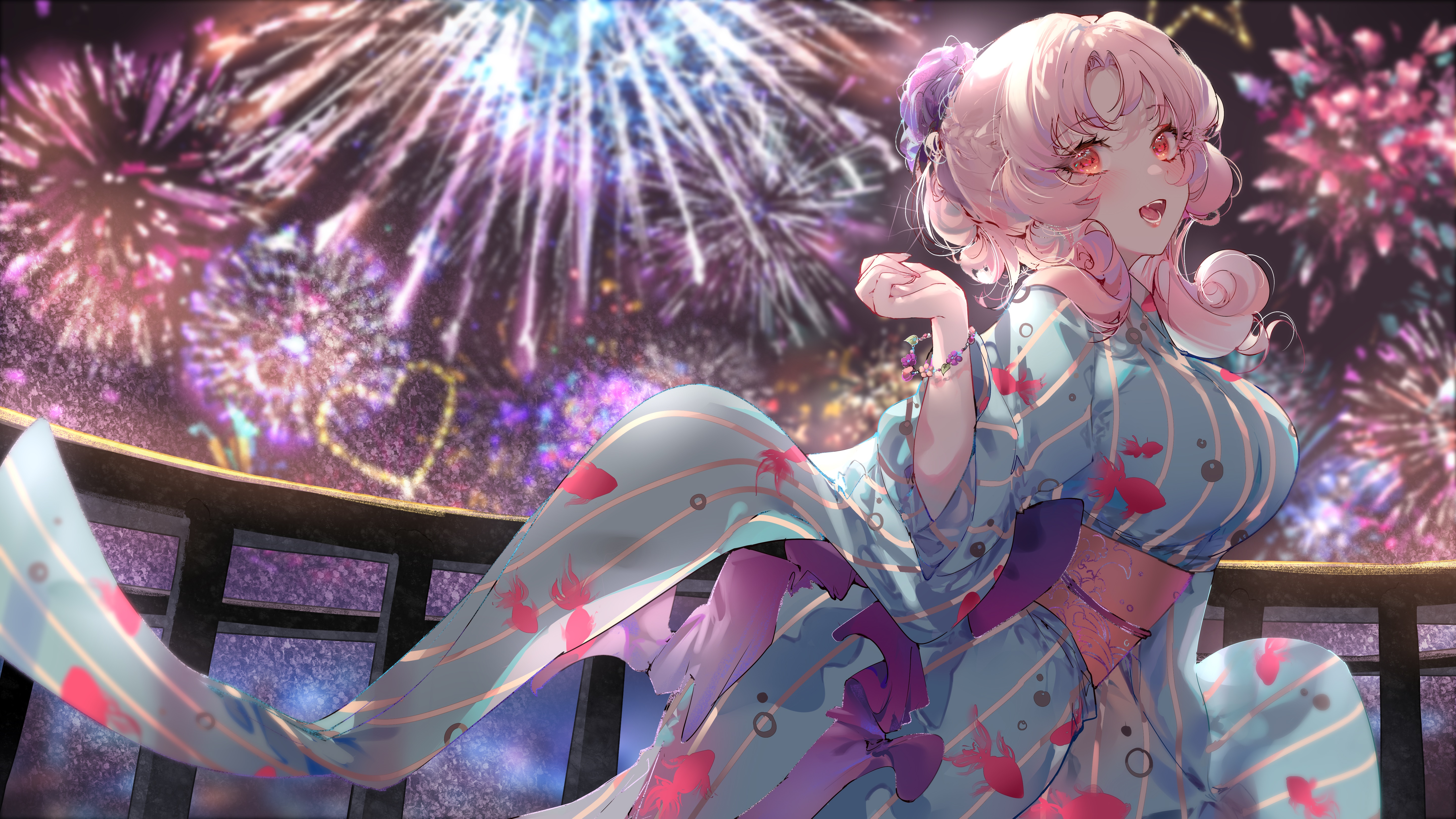Girl in Kimono watching fireworks 4K HD Wallpaper