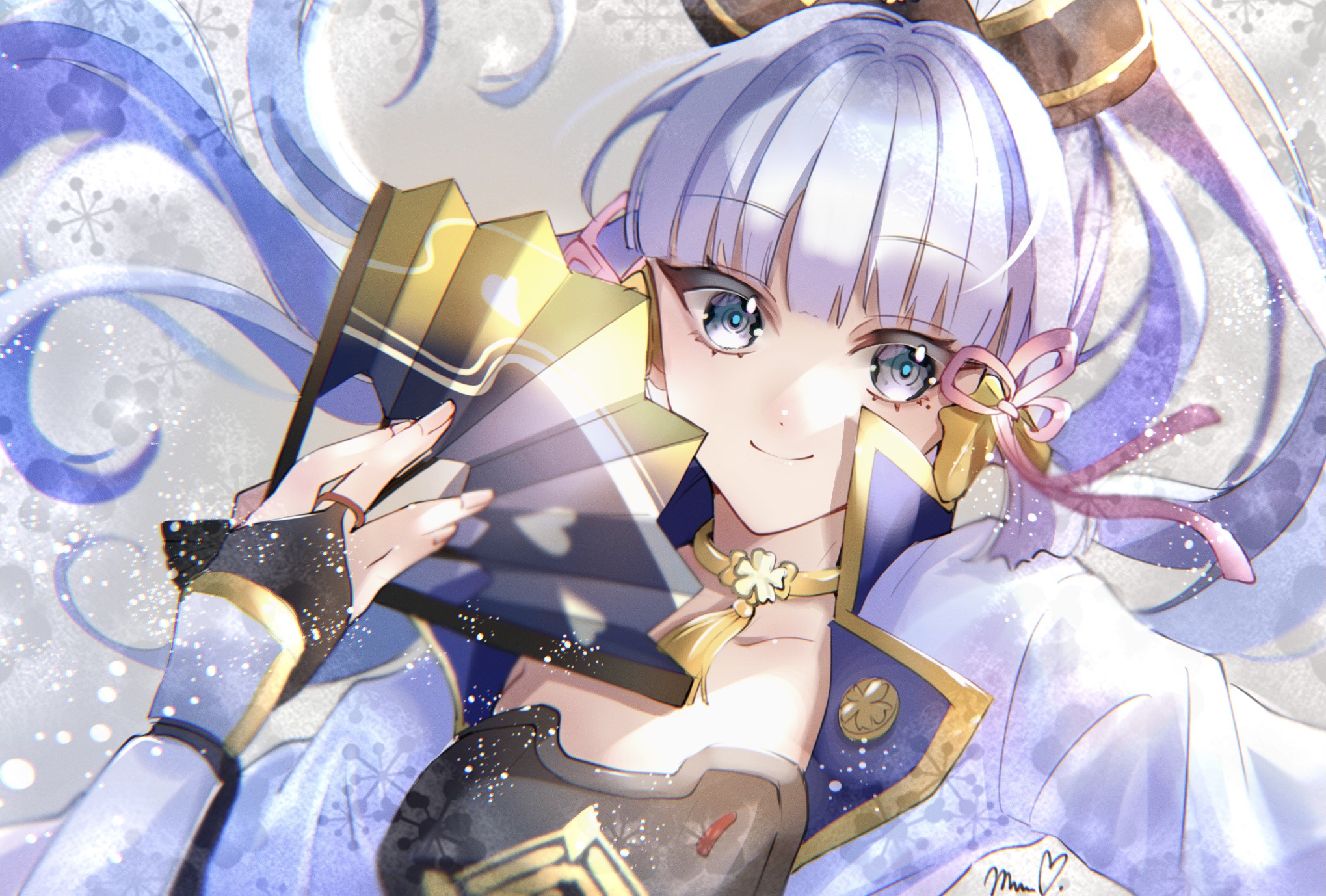 Kamisato Ayaka from Genshin Impact with a fan HD Wallpaper