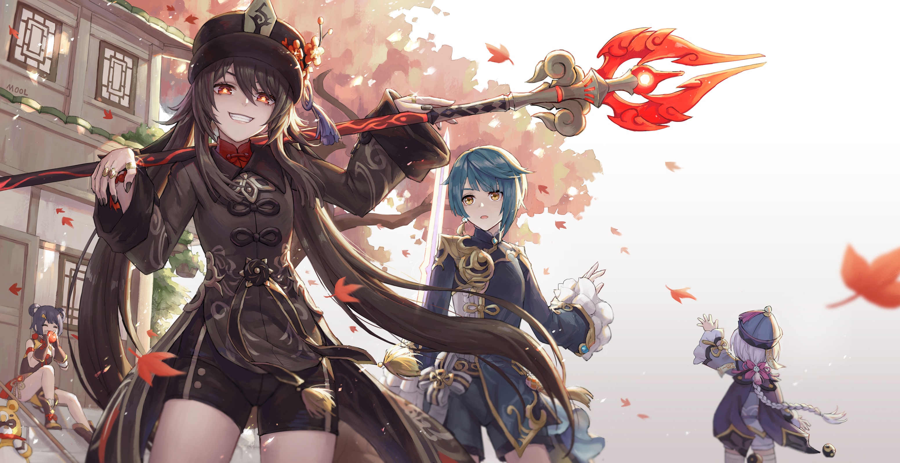 Hu Tao, Xingqiu, Xiangling, and Qiqi from Genshin Impact HD Wallpaper