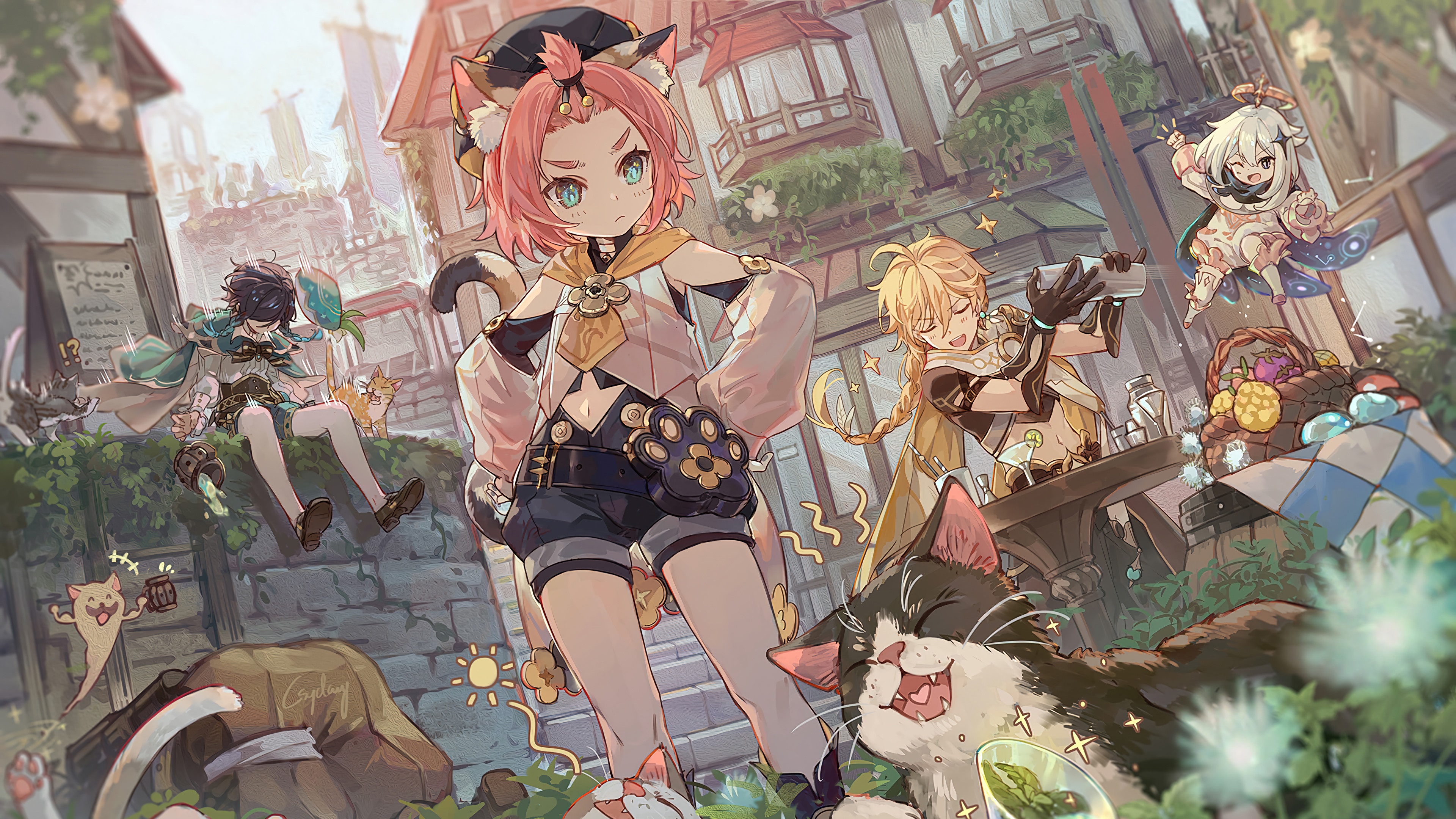 Diona, Venti, Aether, and Paimon from Genshin Impact HD Wallpaper