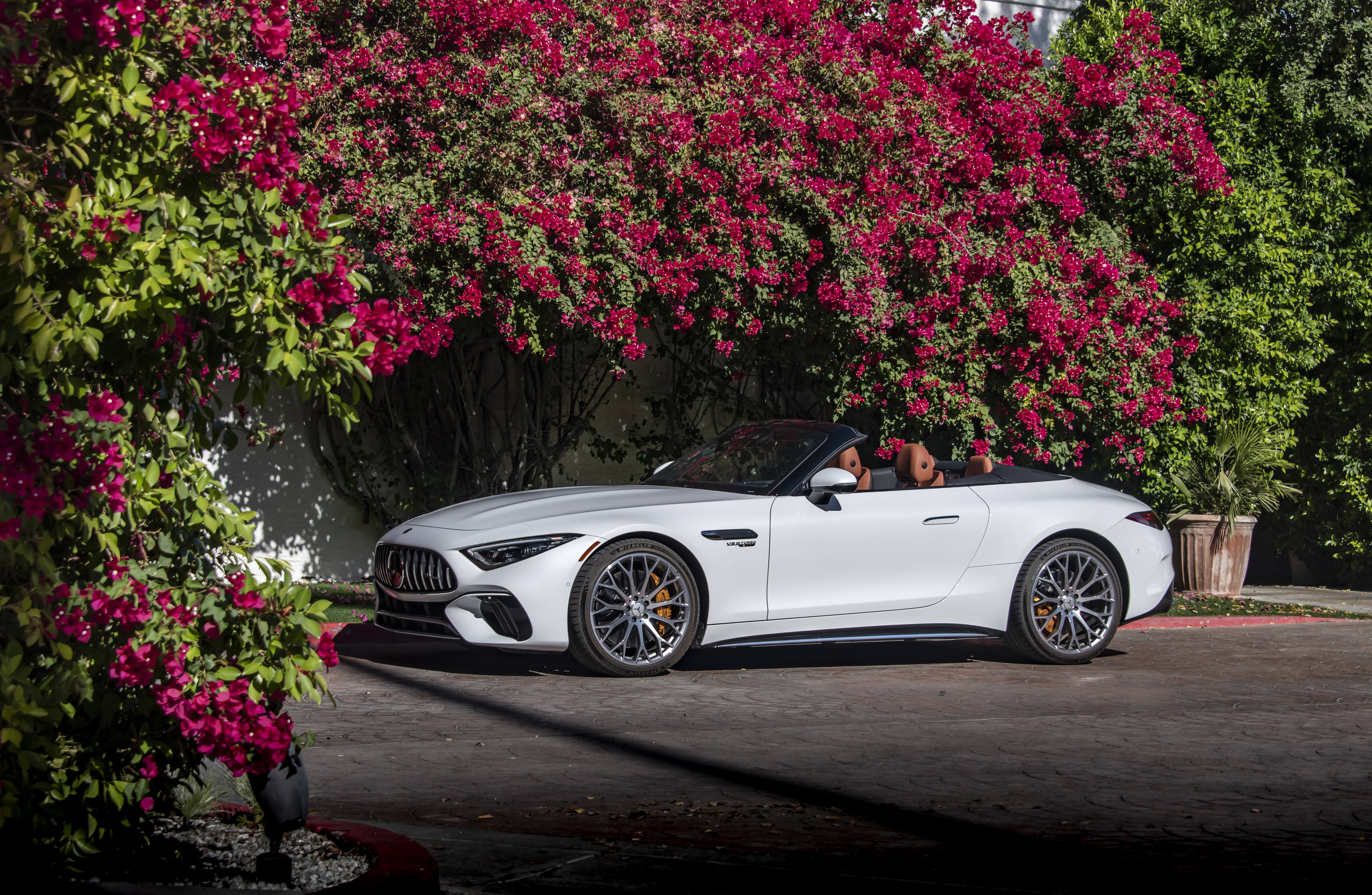 White Mercedes-AMG SL Cabriolet parked near pink flowers HD Wallpaper