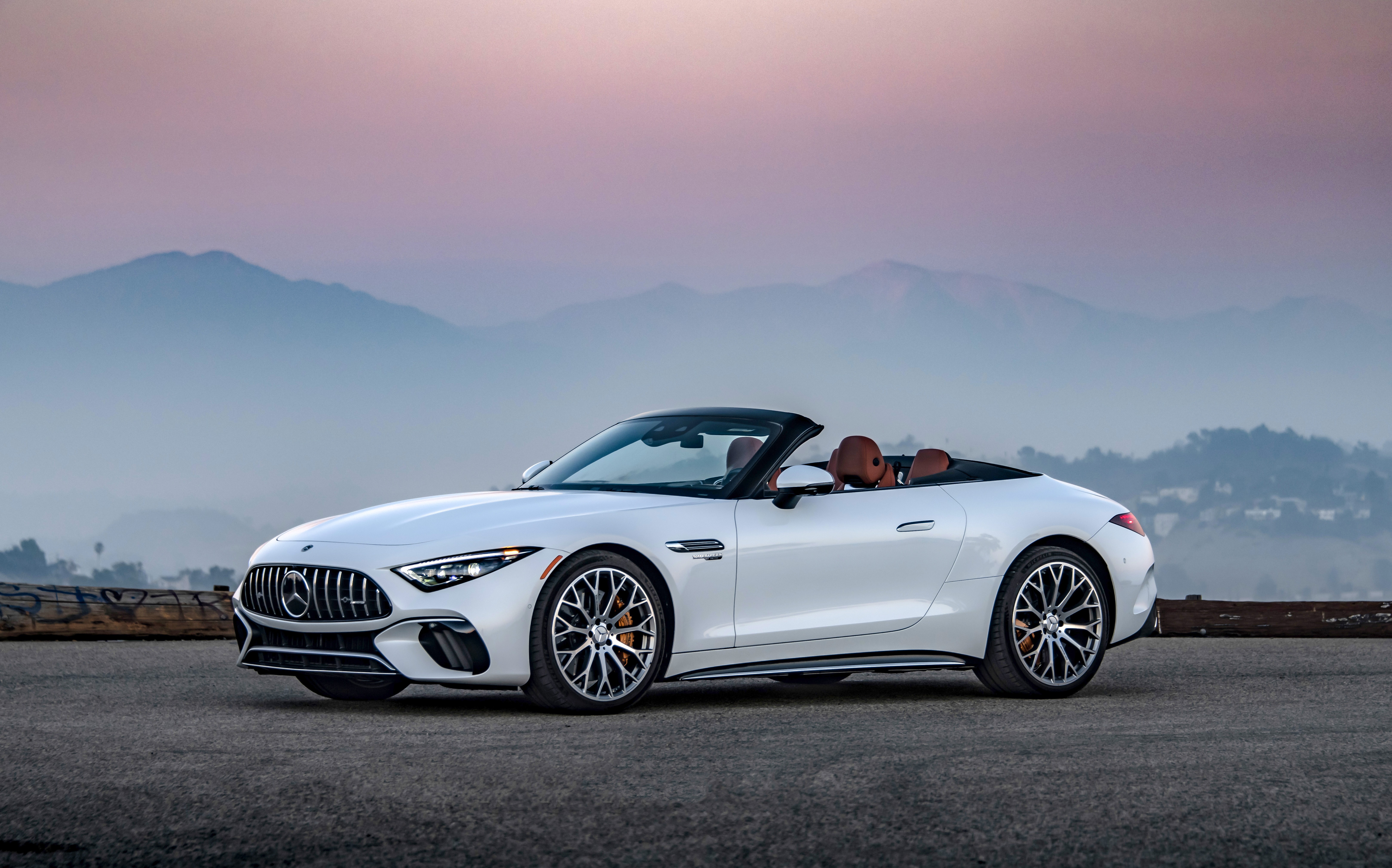 White Mercedes-AMG SL Cabriolet on a road HD Wallpaper