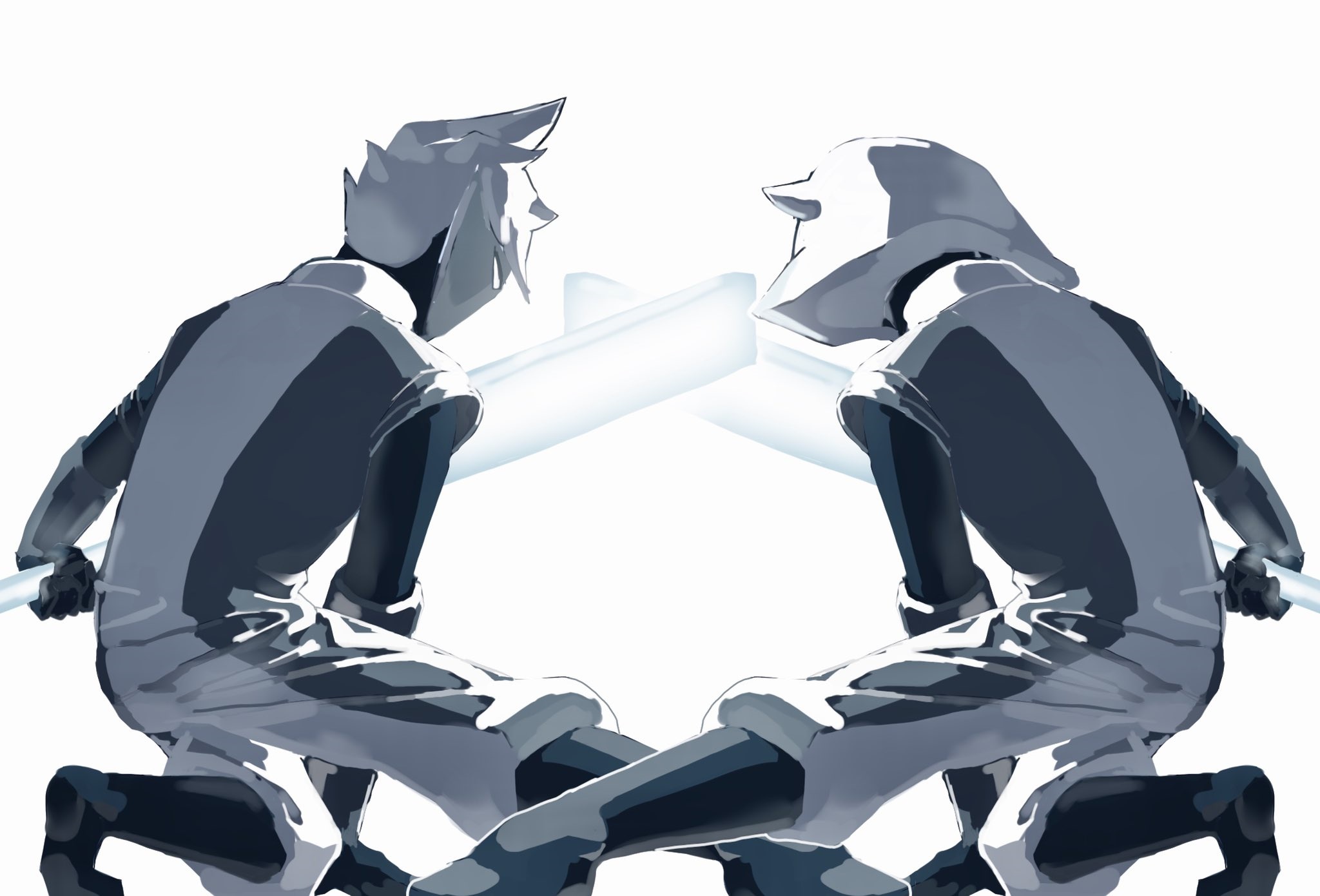 Two figures with glowing swords facing each other HD Wallpaper