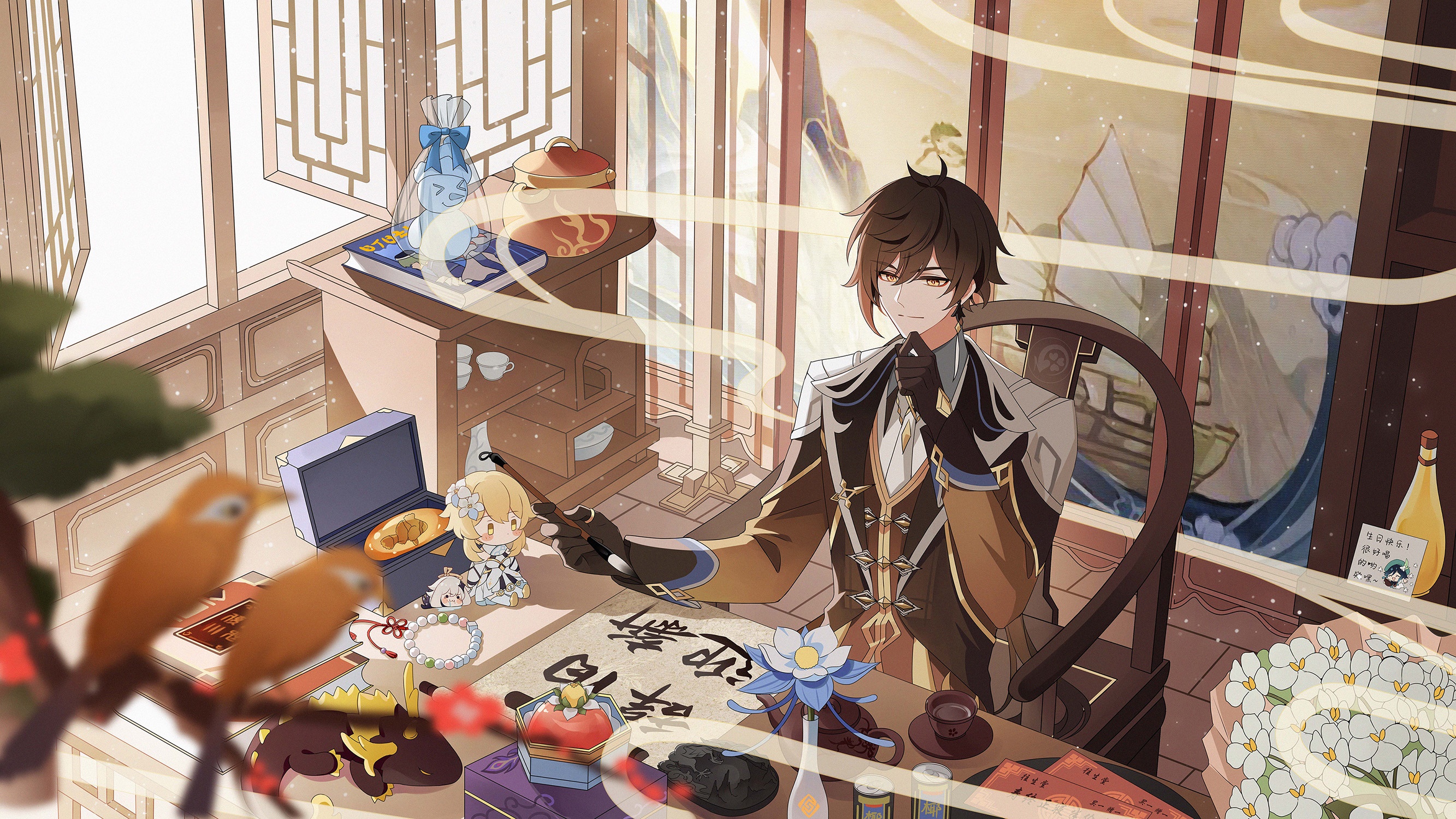 Zhongli and Lumine from Genshin Impact in a room HD Wallpaper