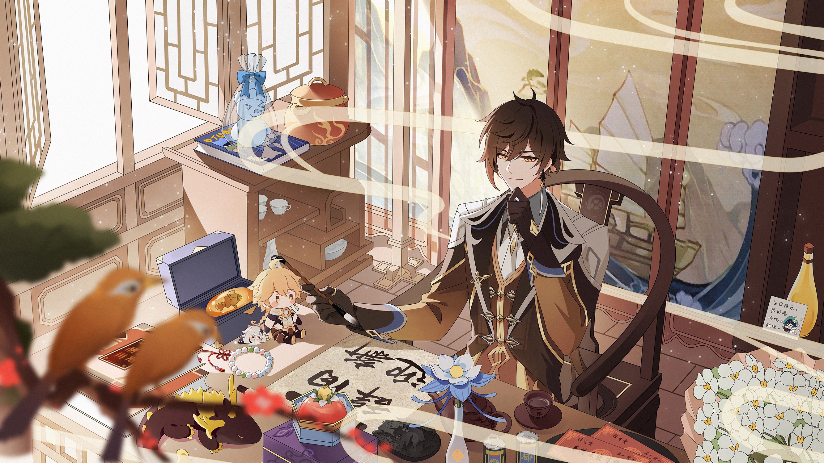 Zhongli and Aether from Genshin Impact in a room HD Wallpaper