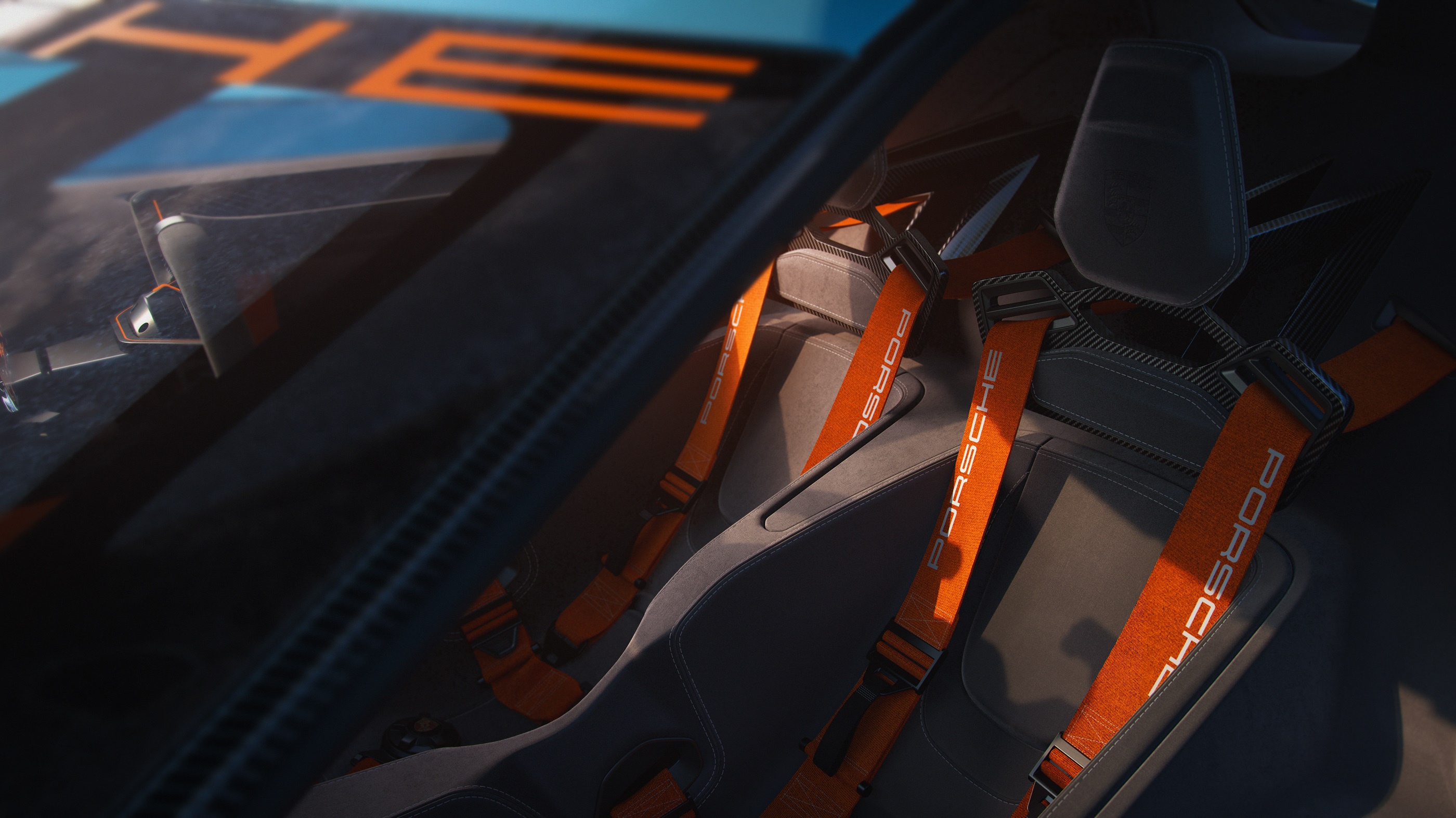 Porsche Vision 908 interior with orange racing harnesses HD Wallpaper