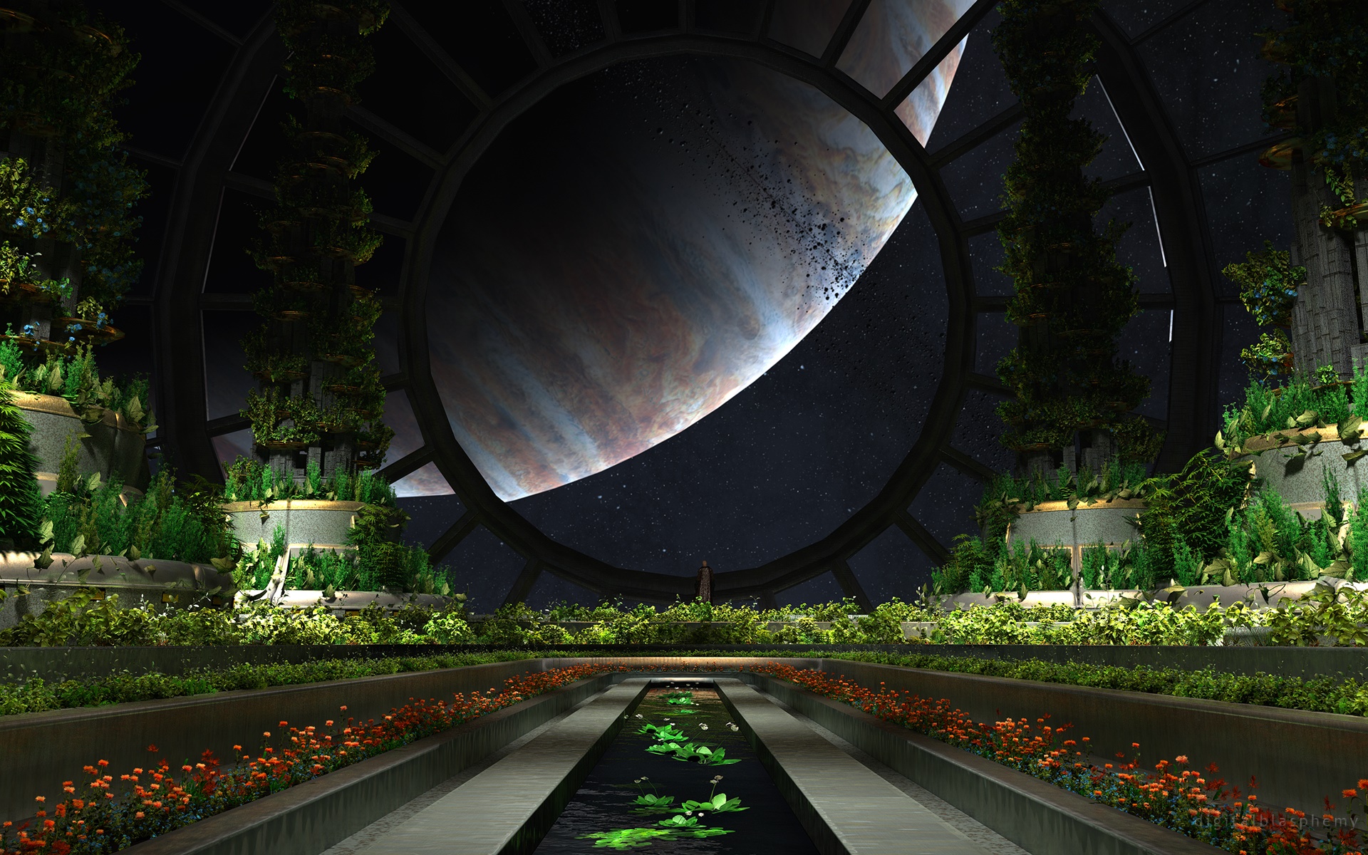Futuristic biodome with Jupiter visible through window HD Wallpaper