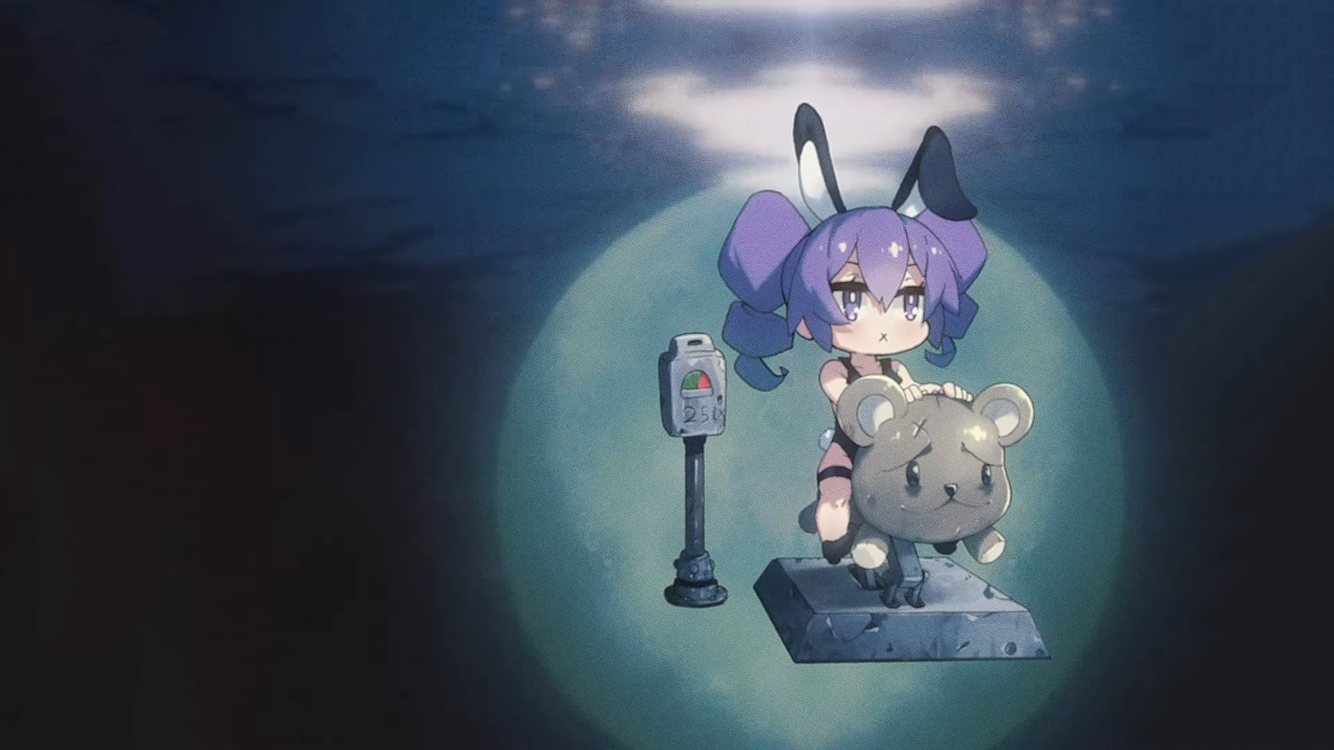 Chibi girl with bunny ears on a teddy bear HD Wallpaper