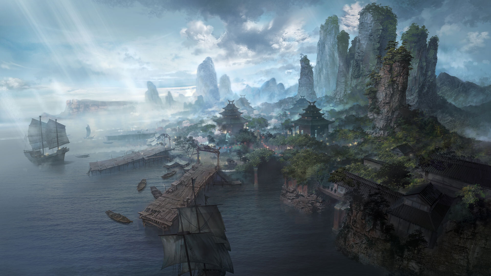 Lost Ark landscape with ships and mountains HD Wallpaper