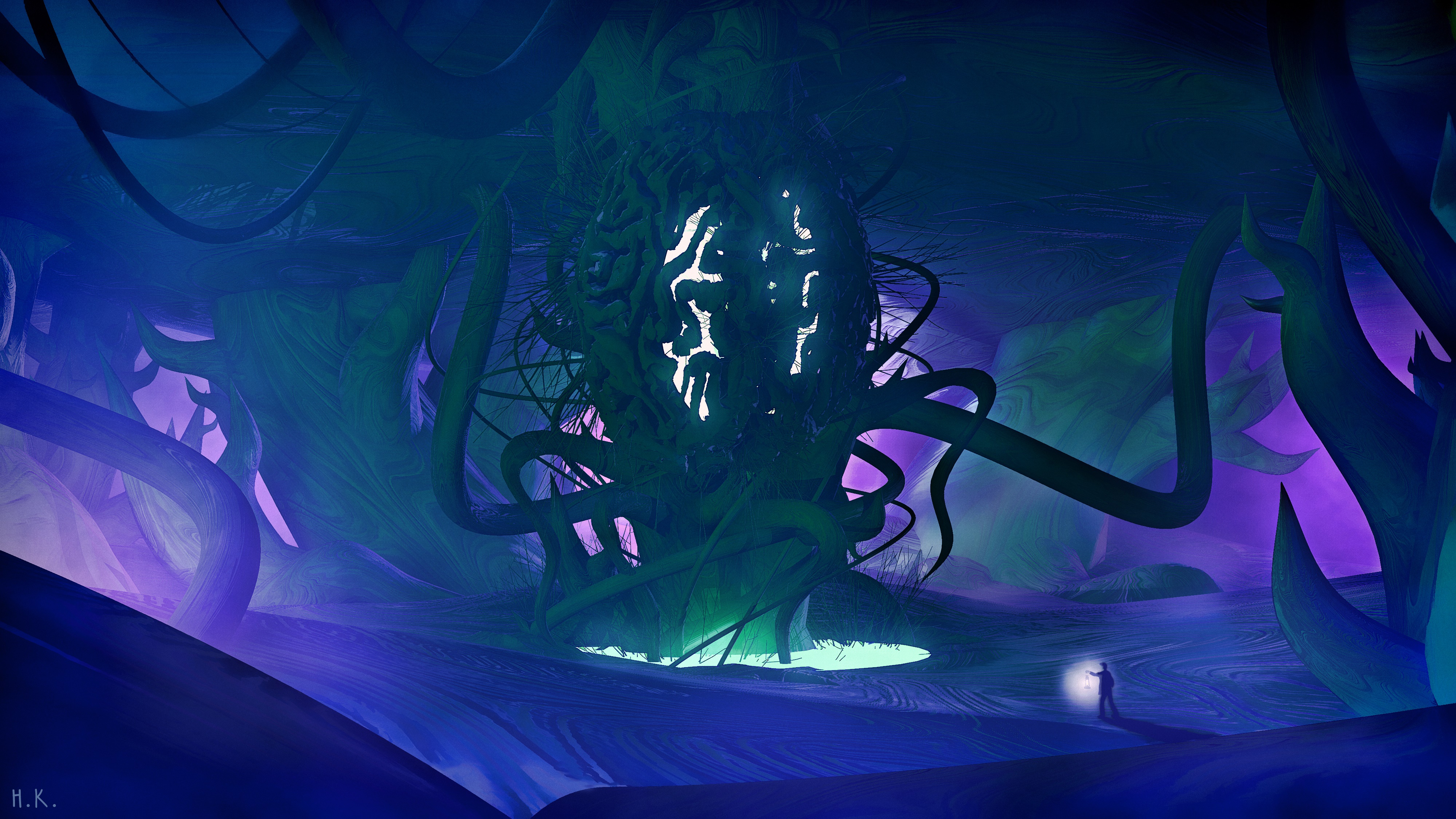 Bramblebrain alien plant creature with glowing symbols HD Wallpaper