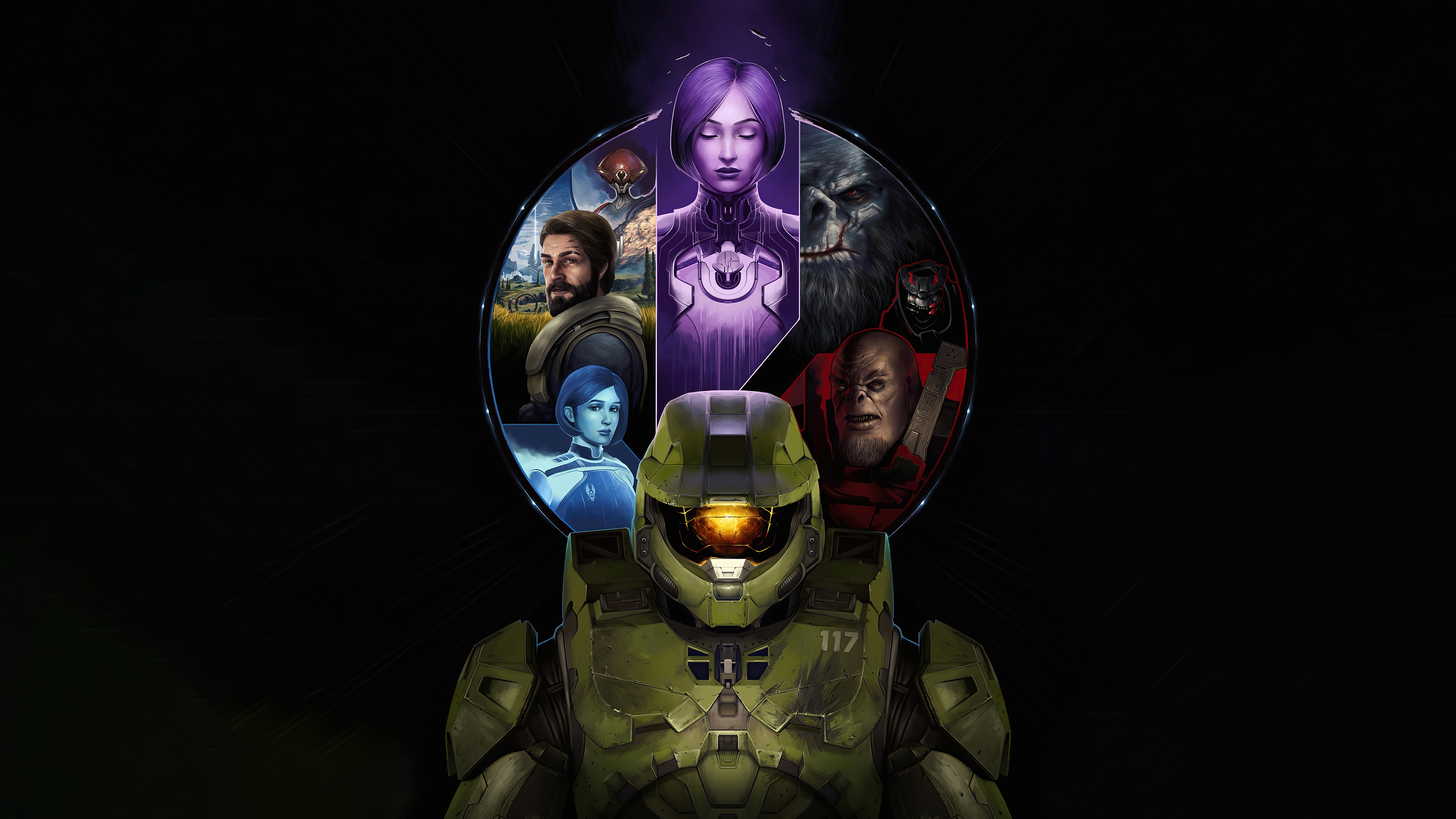 Master Chief from Halo with characters in a circle HD Wallpaper