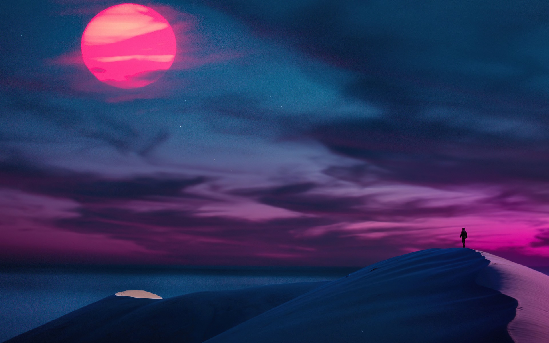 Person on sand dune under pink and blue sky HD Wallpaper