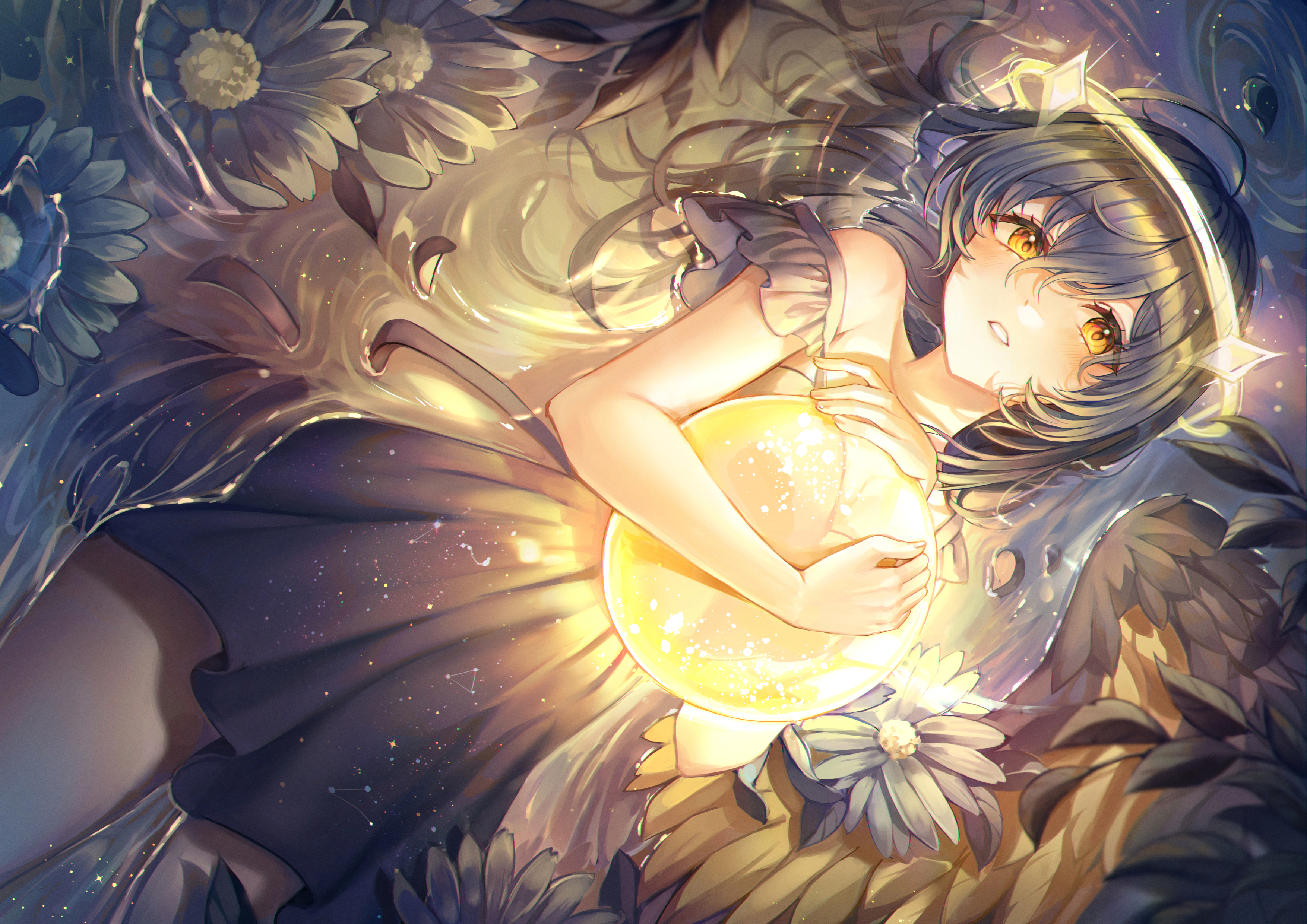 Girl lying down holding a glowing orb surrounded by flowers HD Wallpaper