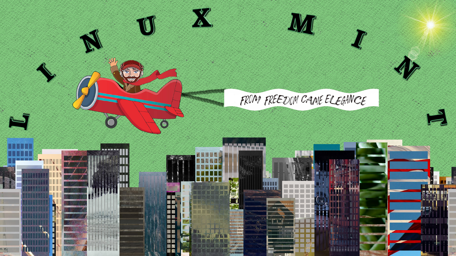 Linux Mint pilot flying over a city HD Wallpaper