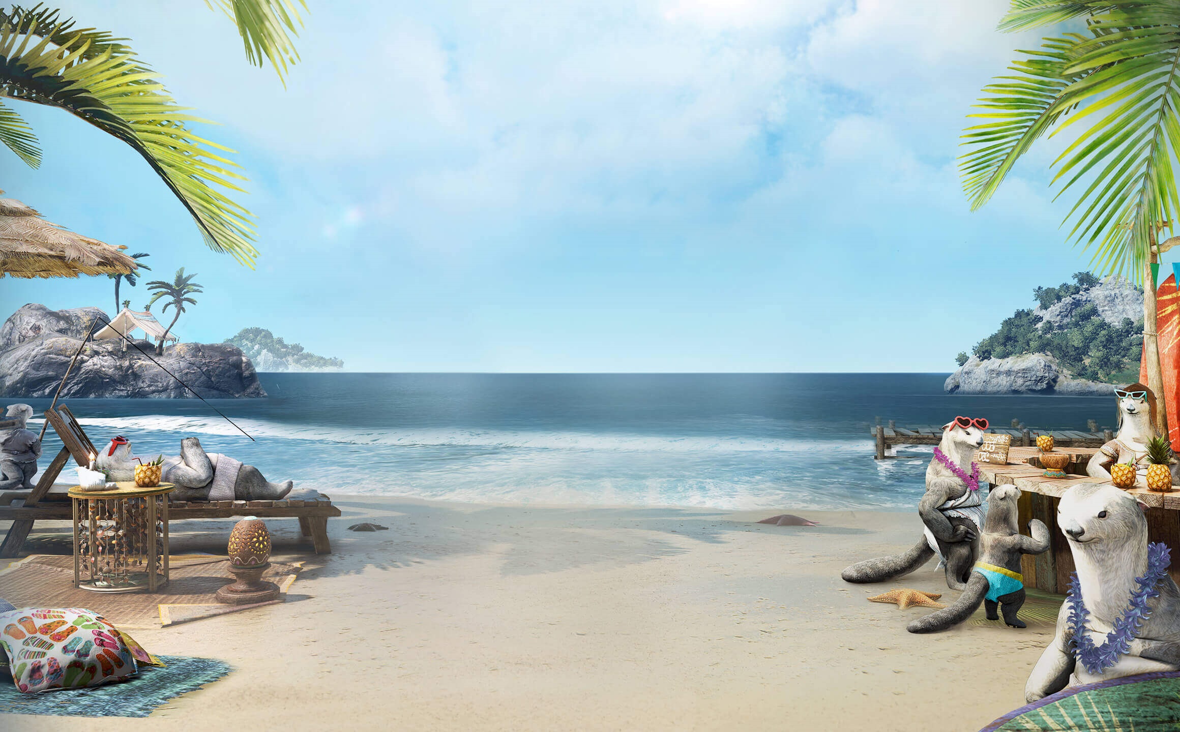 Otters on a tropical beach with surfboards HD Wallpaper