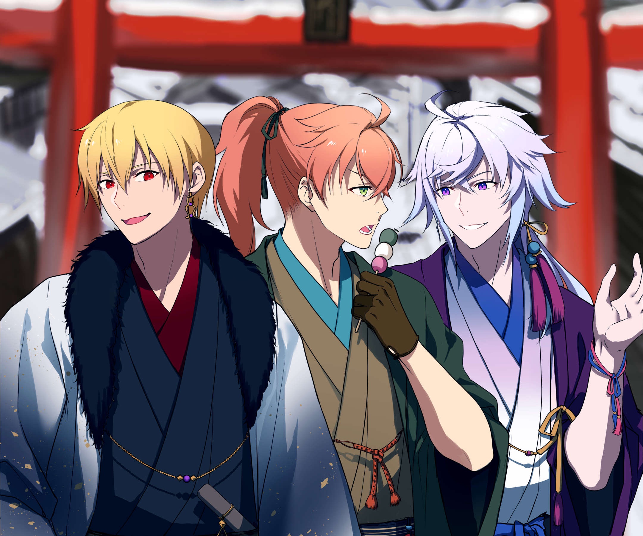 Three men in kimonos in front of a shrine HD Wallpaper